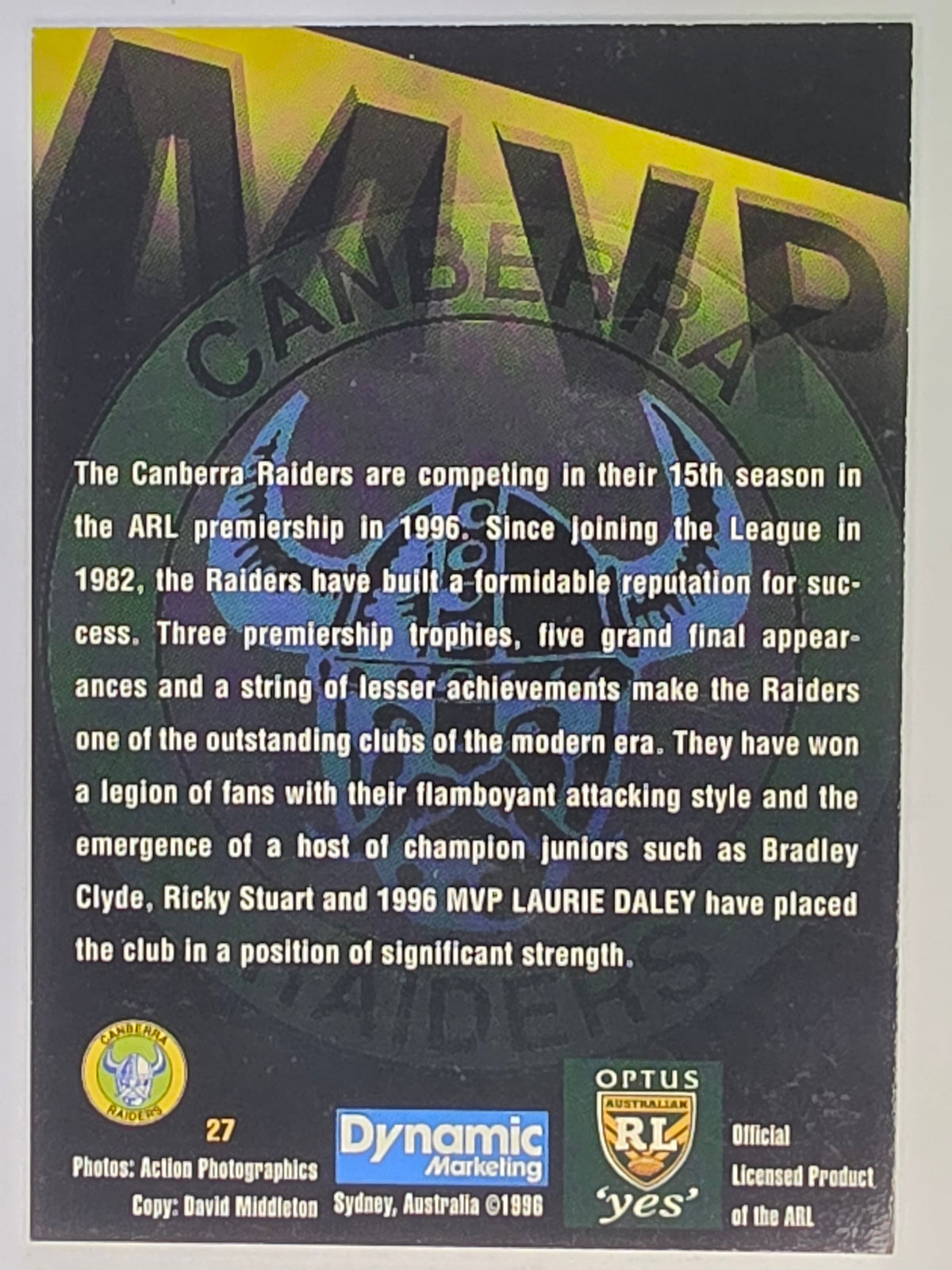 NRL 1996 Dynamic Series 2 Base Card #027 Laurie Daley Canberra Raiders