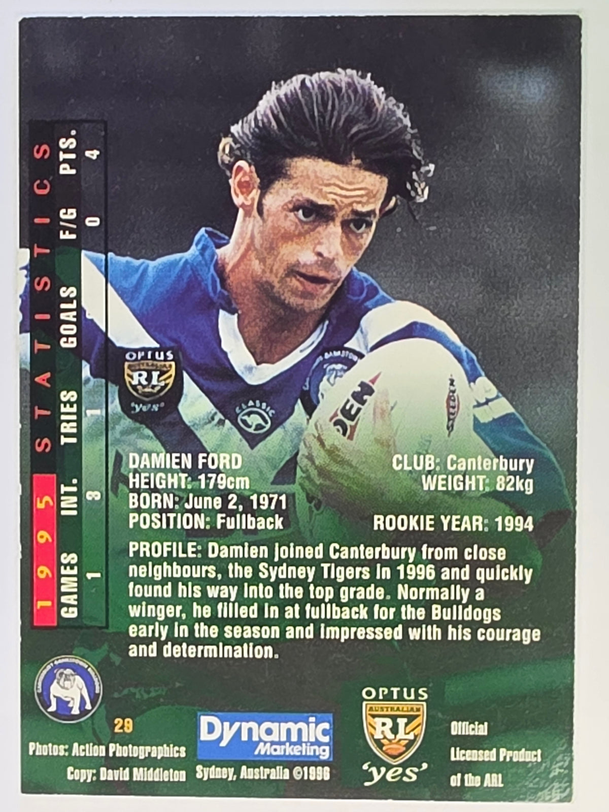 NRL 1996 Dynamic Series 2 Base Card #029 Damien Ford Canterbury Bankstown Bulldogs