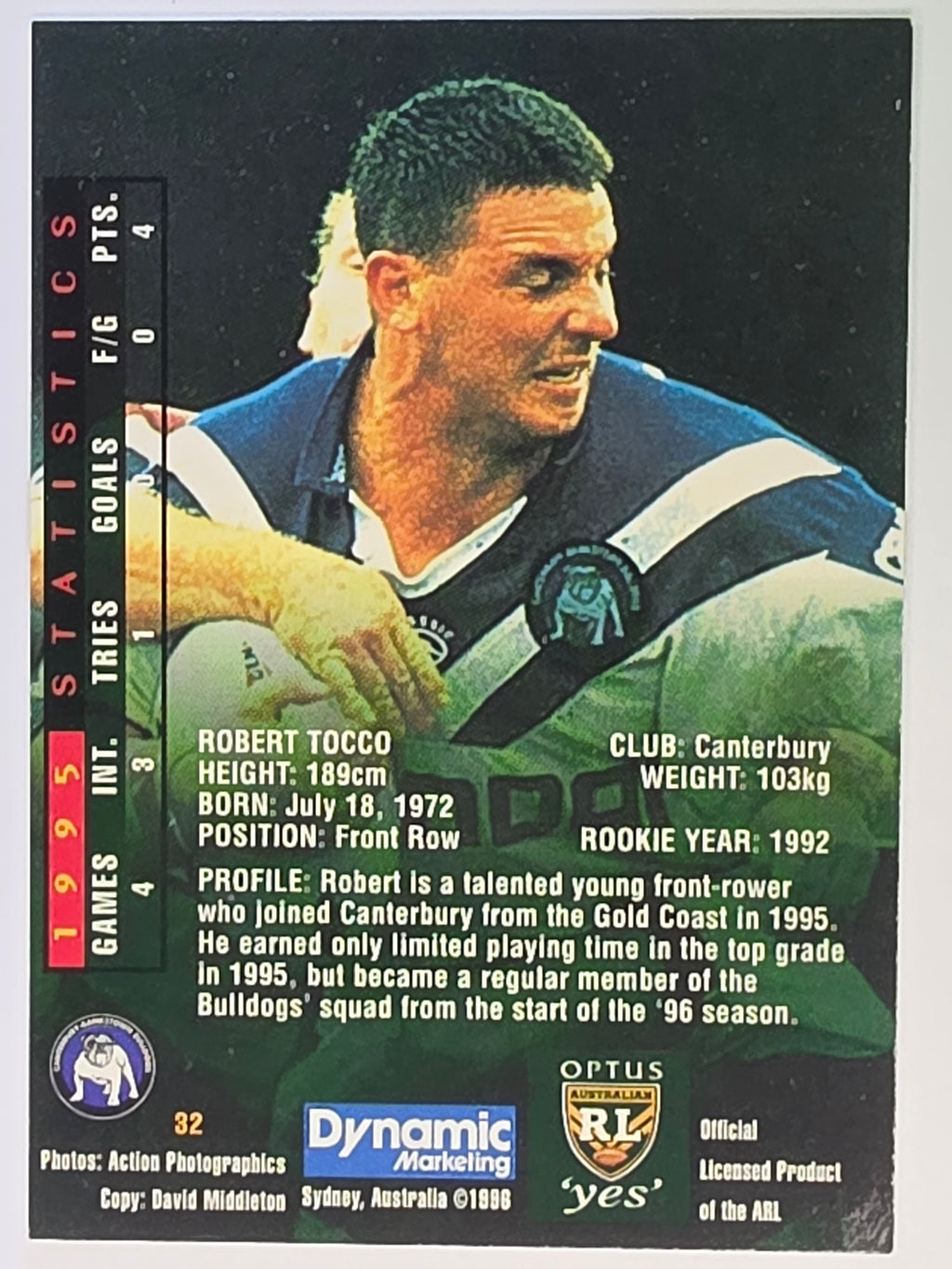 NRL 1996 Dynamic Series 2 Base Card #032 Robert Tocco Canterbury Bankstown Bulldogs