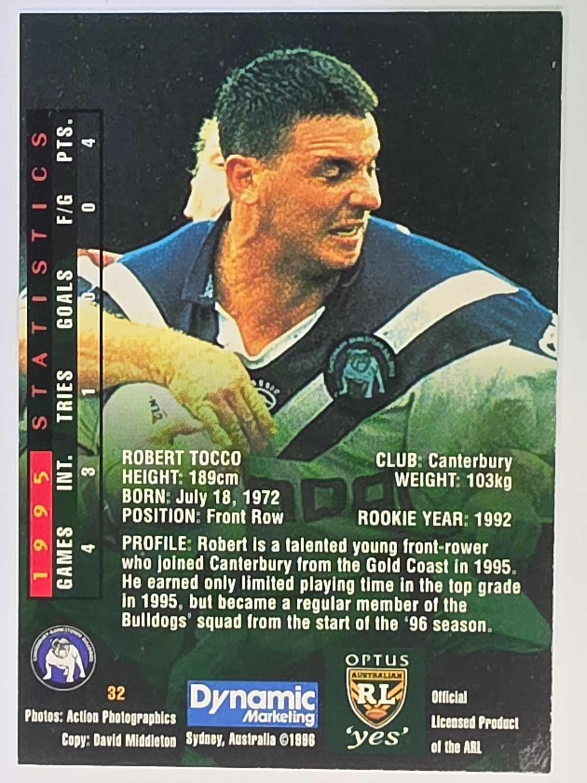 NRL 1996 Dynamic Series 2 Base Card #032 Robert Tocco Canterbury Bankstown Bulldogs