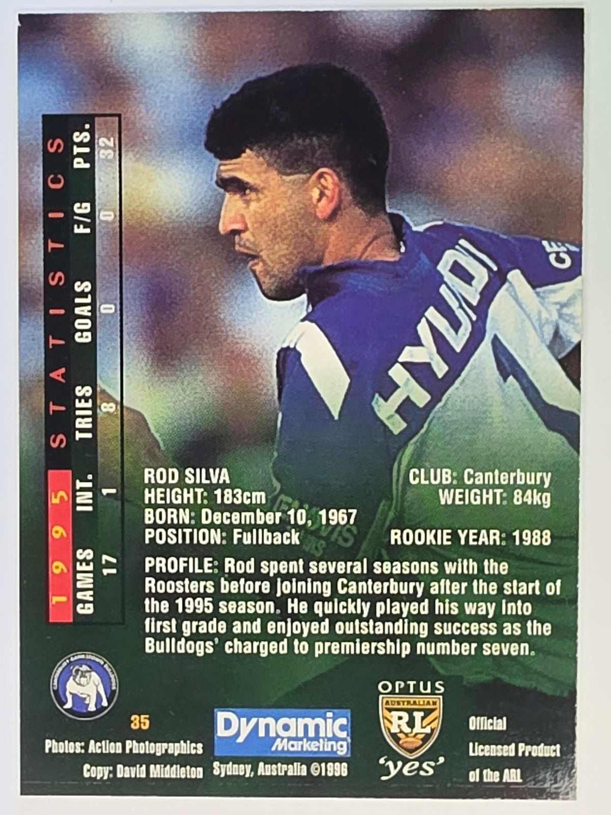 NRL 1996 Dynamic Series 2 Base Card #035 Rod Silva Canterbury Bankstown Bulldogs