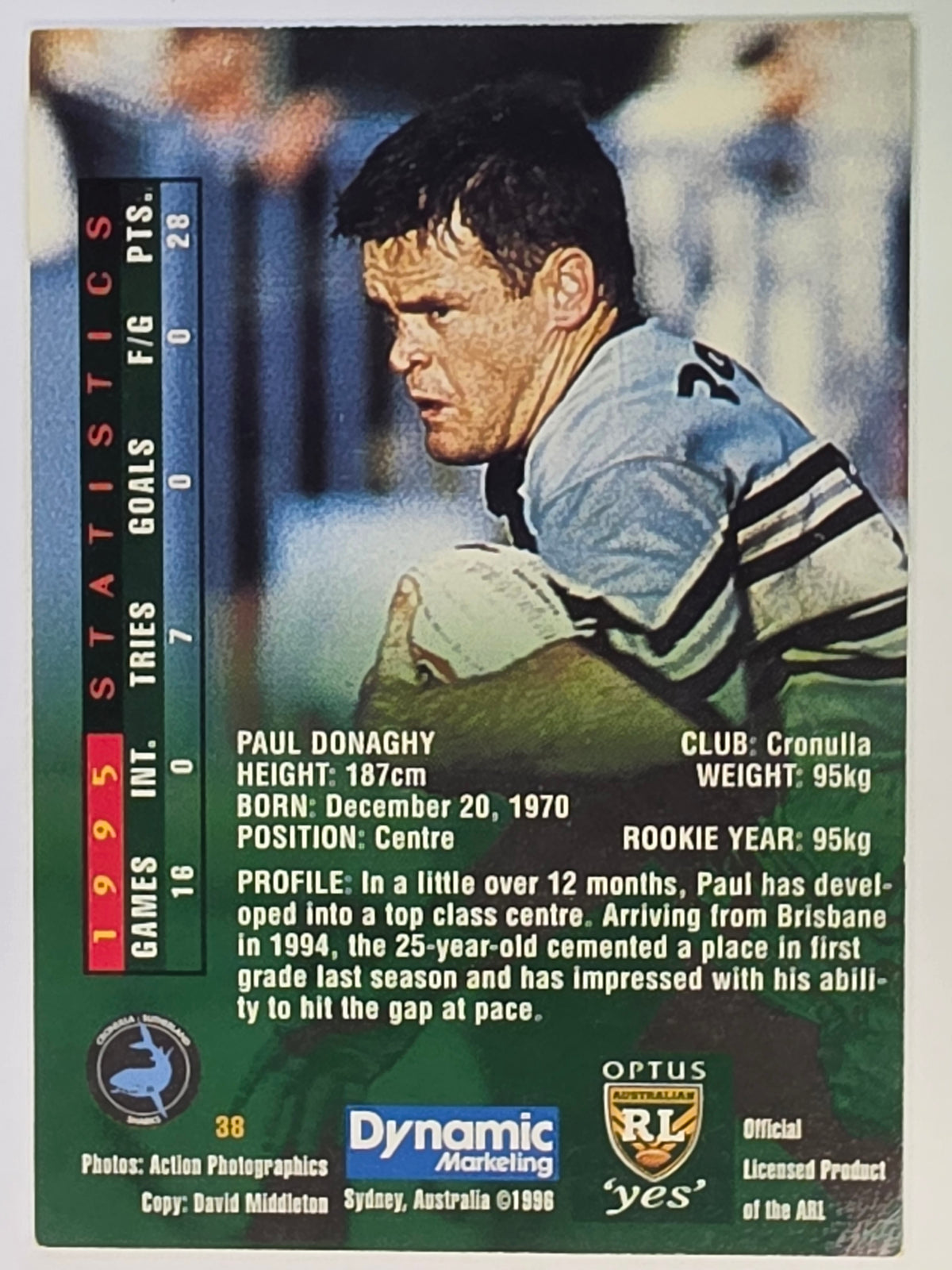 NRL 1996 Dynamic Series 2 Base Card #038 Paul Donaghy Cronulla Sutherland Sharks