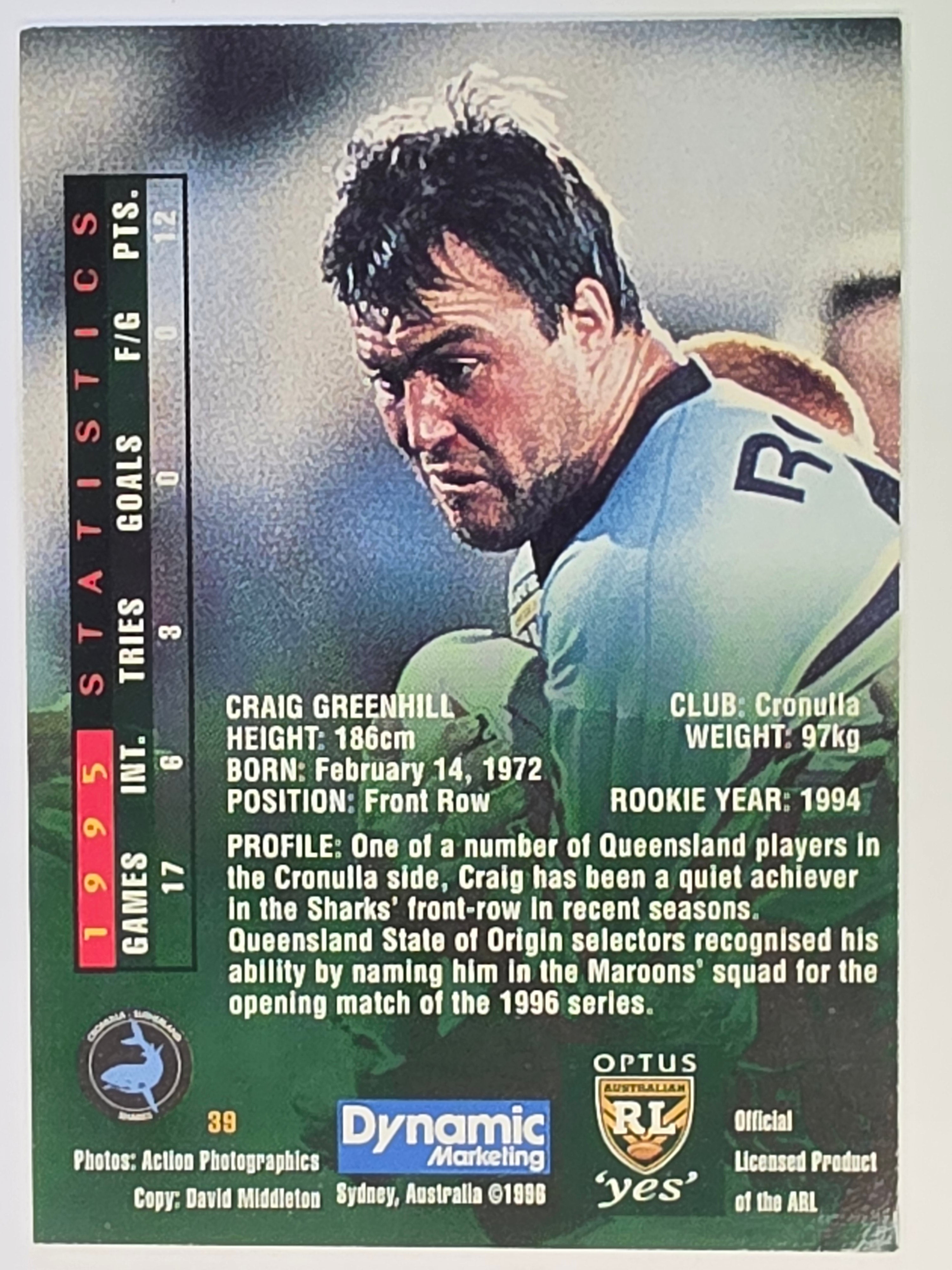NRL 1996 Dynamic Series 2 Base Card #039 Craig Greenhill Cronulla Sutherland Sharks