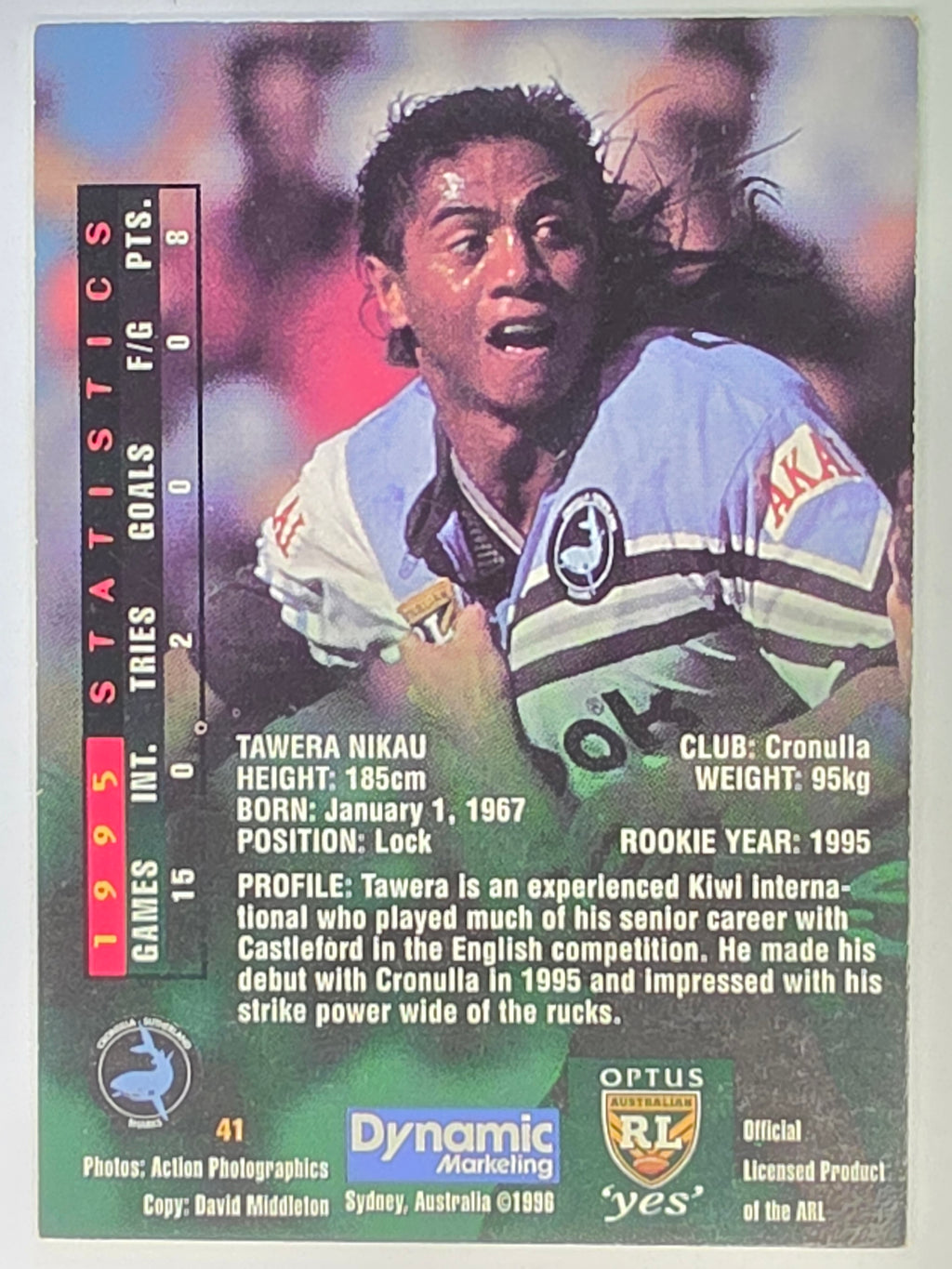 NRL 1996 Dynamic Series 2 Base Card #041 Tawera Nikau Cronulla Sutherland Sharks