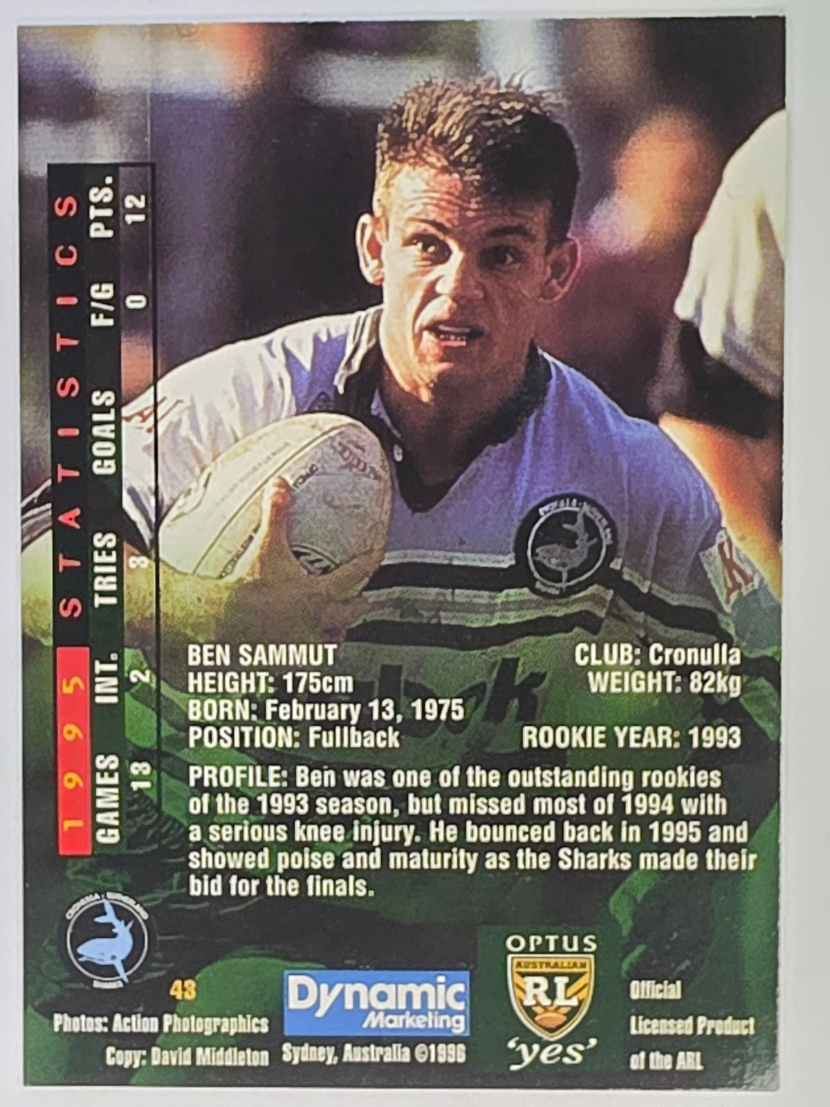 NRL 1996 Dynamic Series 2 Base Card #043 Ben Sammut Cronulla Sutherland Sharks
