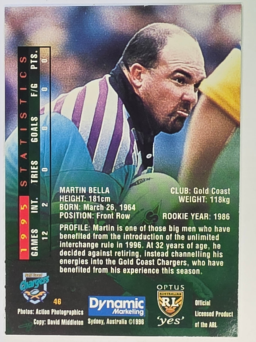 NRL 1996 Dynamic Series 2 Base Card #046 Martin Bella Gold Coast Chargers