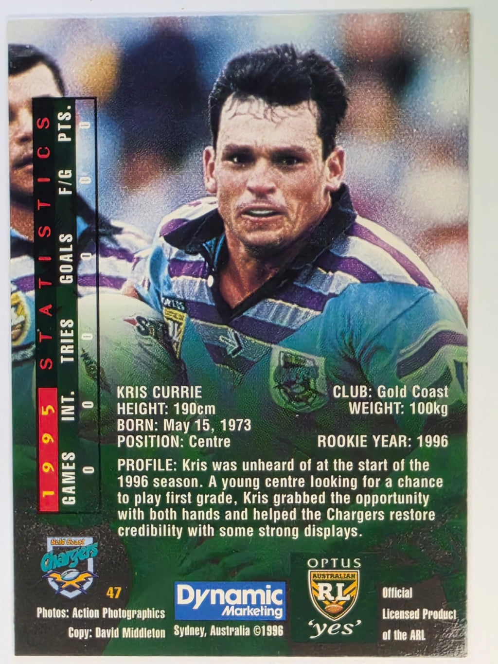 NRL 1996 Dynamic Series 2 Base Card #047 Kris Curren Gold Coast Chargers