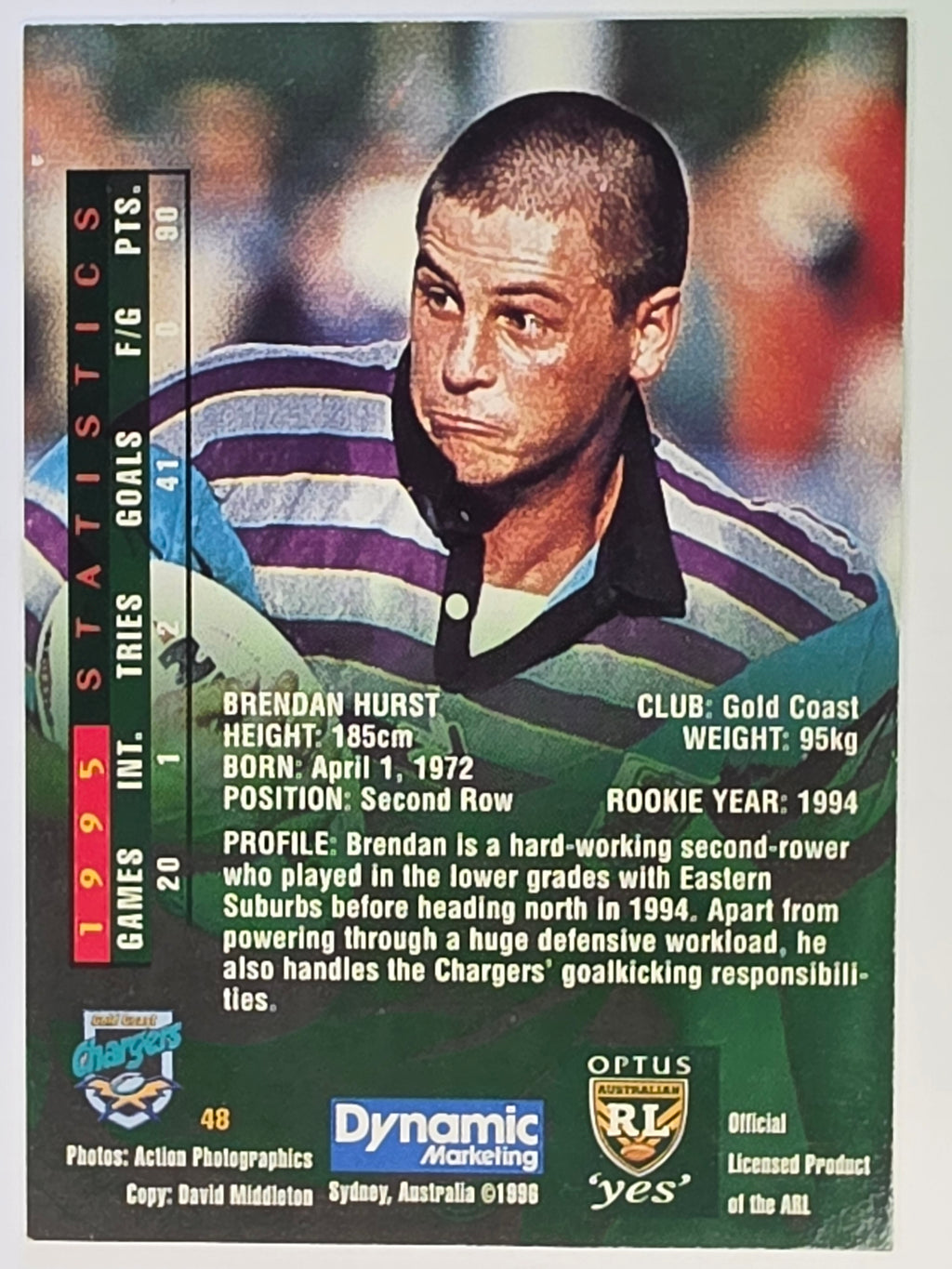 NRL 1996 Dynamic Series 2 Base Card #048 Brendan Hurst Gold Coast Chargers