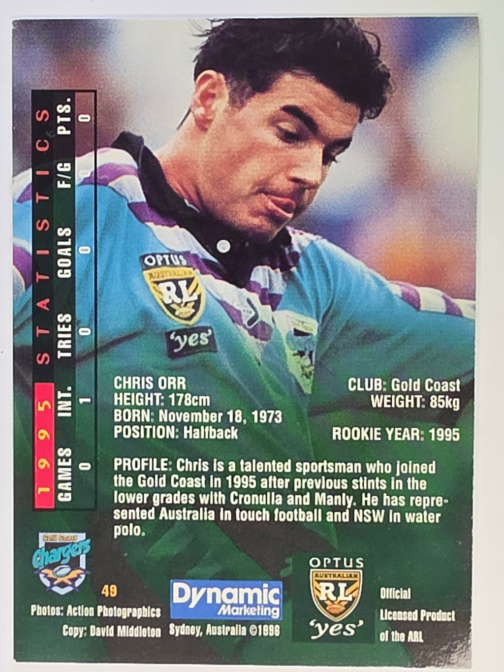 NRL 1996 Dynamic Series 2 Base Card #049 Chris Orr Gold Coast Chargers