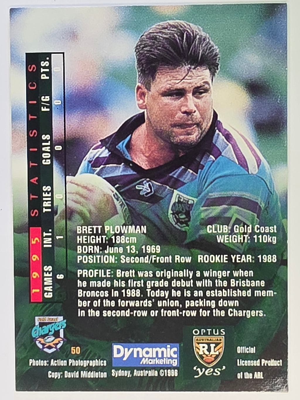NRL 1996 Dynamic Series 2 Base Card #050 Brett Plowman Gold Coast Chargers