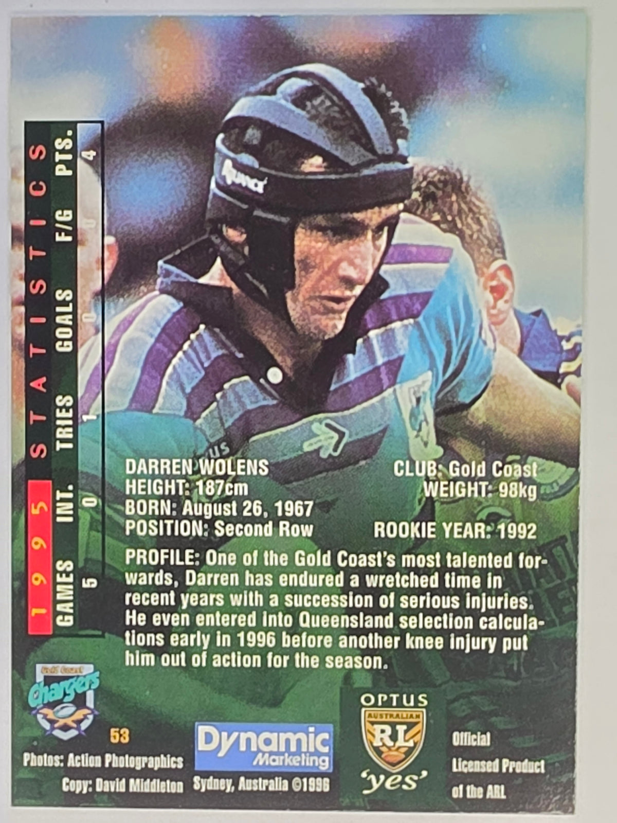 NRL 1996 Dynamic Series 2 Base Card #053 Darren Wolens Gold Coast Chargers