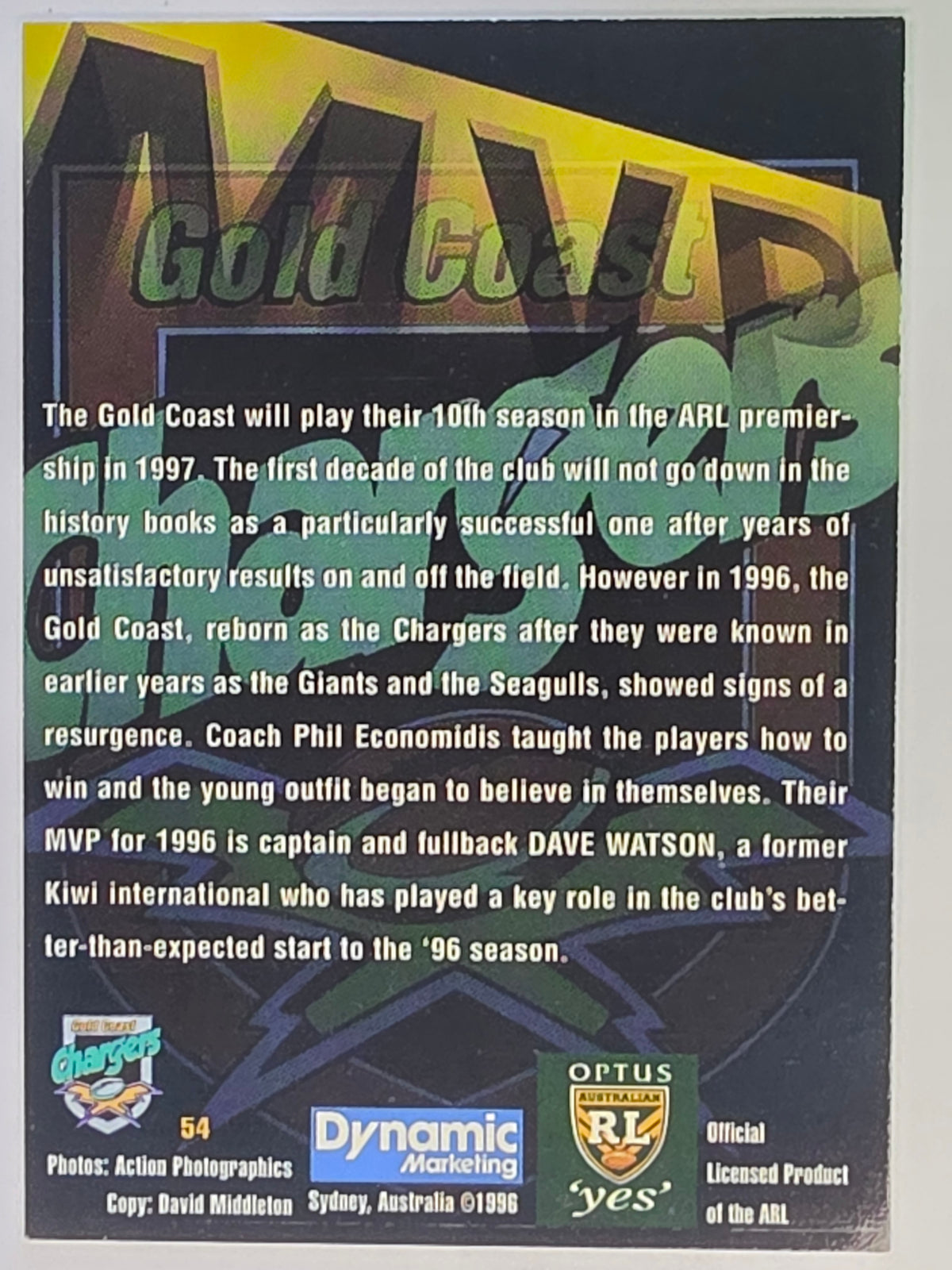 NRL 1996 Dynamic Series 2 Base Card #054 Dave Watson Gold Coast Chargers