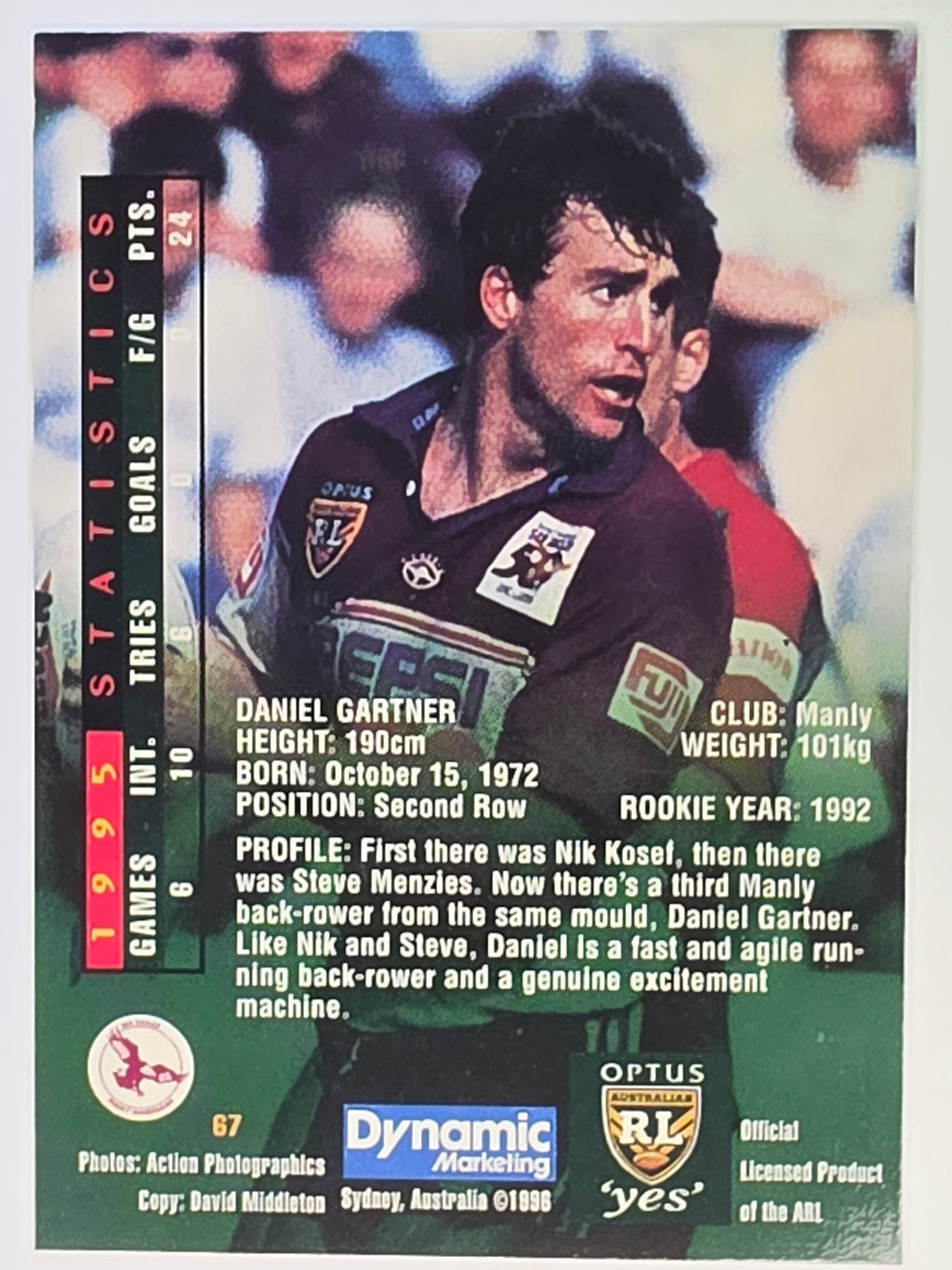 NRL 1996 Dynamic Series 2 Base Card #067 Daniel Gartner Manly Warringah Sea Eagles