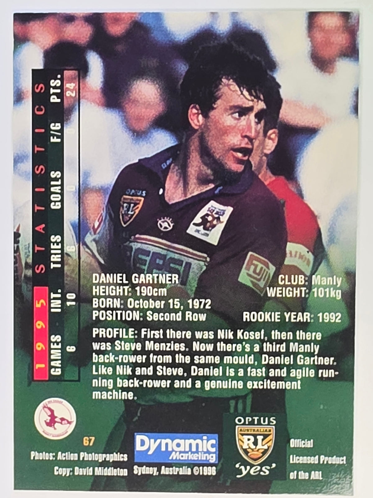 NRL 1996 Dynamic Series 2 Base Card #067 Daniel Gartner Manly Warringah Sea Eagles