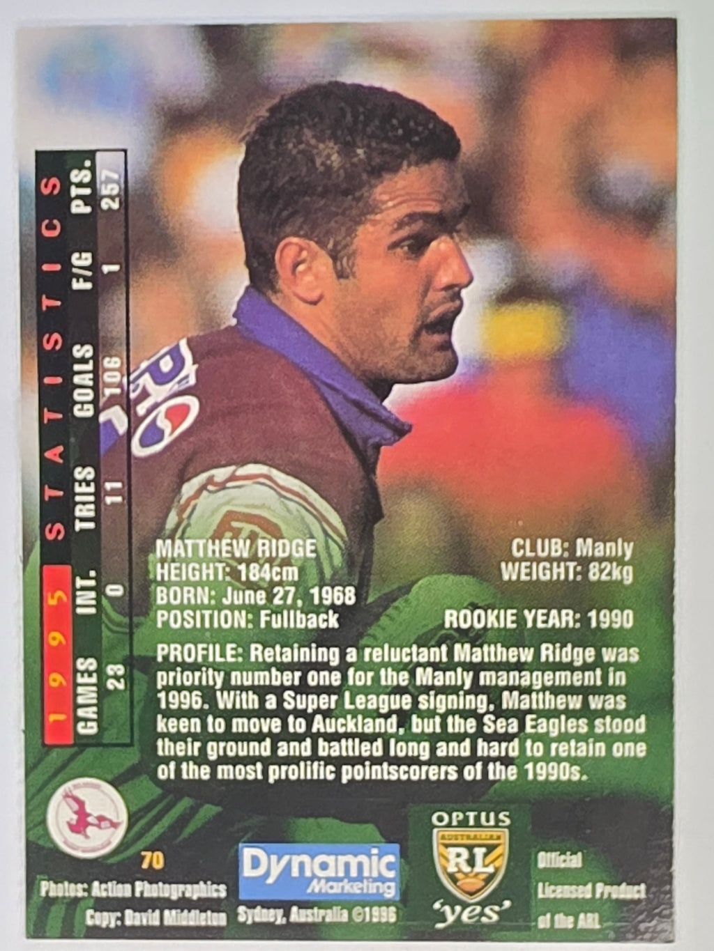 NRL 1996 Dynamic Series 2 Base Card #070 Matthew Ridge Manly Warringah Sea Eagles