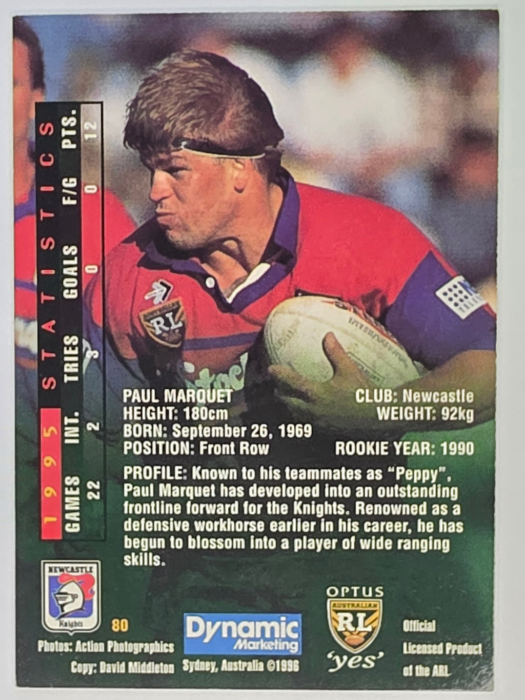 NRL 1996 Dynamic Series 2 Base Card #080 Paul Marquet Newcastle Knights