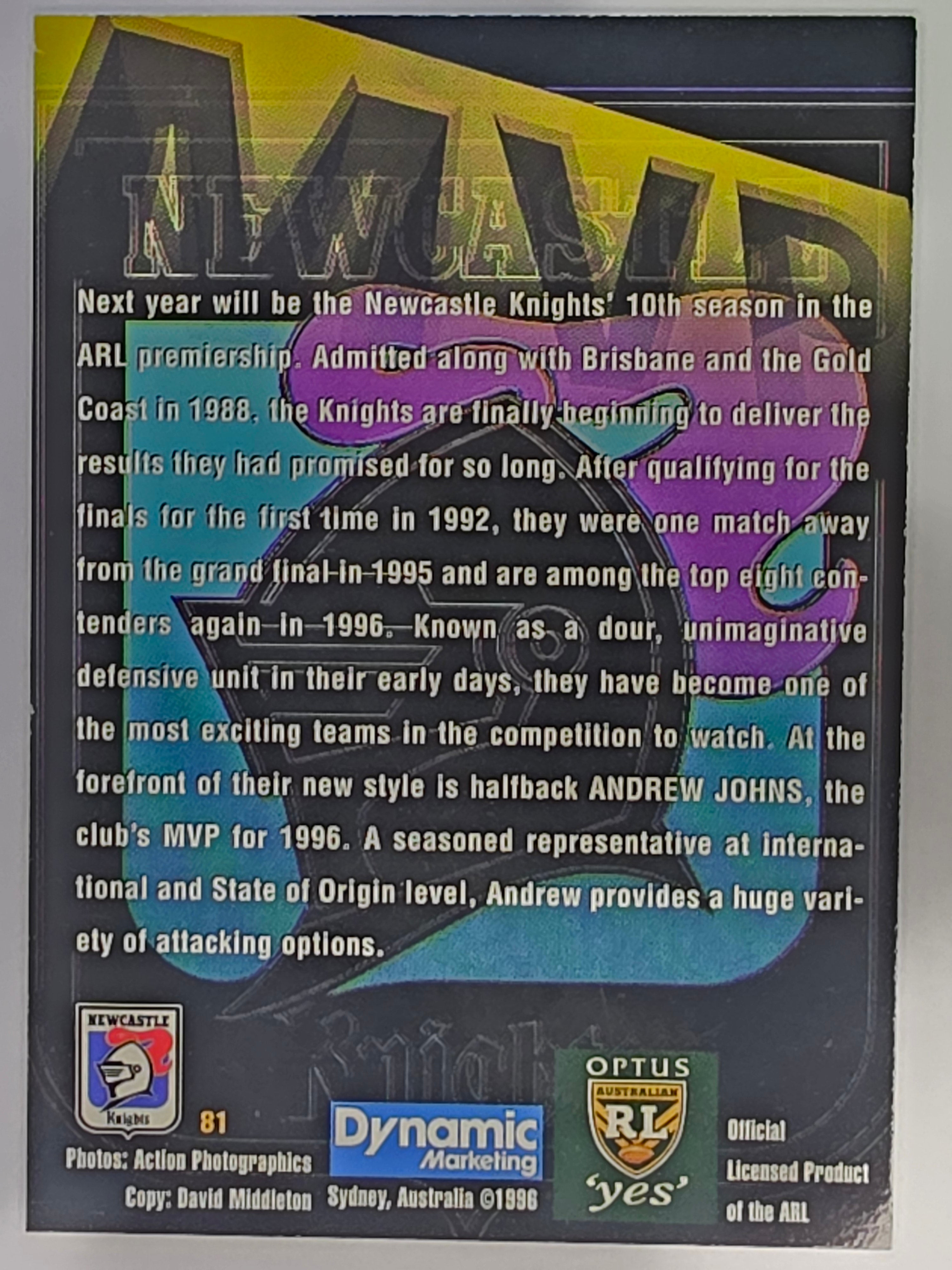 NRL 1996 Dynamic Series 2 Base Card #081 Andrew Johns Newcastle Knights