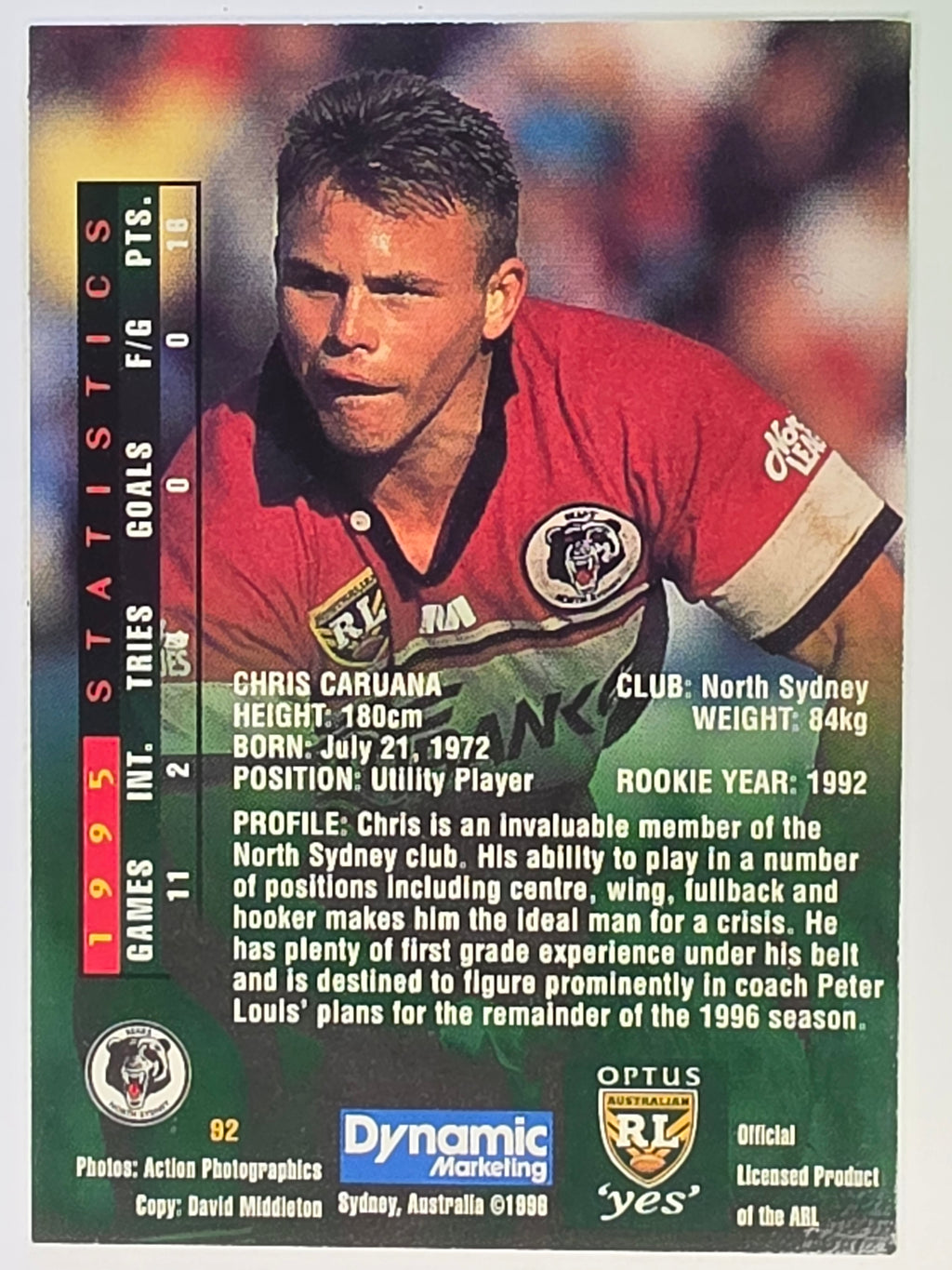 NRL 1996 Dynamic Series 2 Base Card #092 Chris Caruana North Sydney Bears