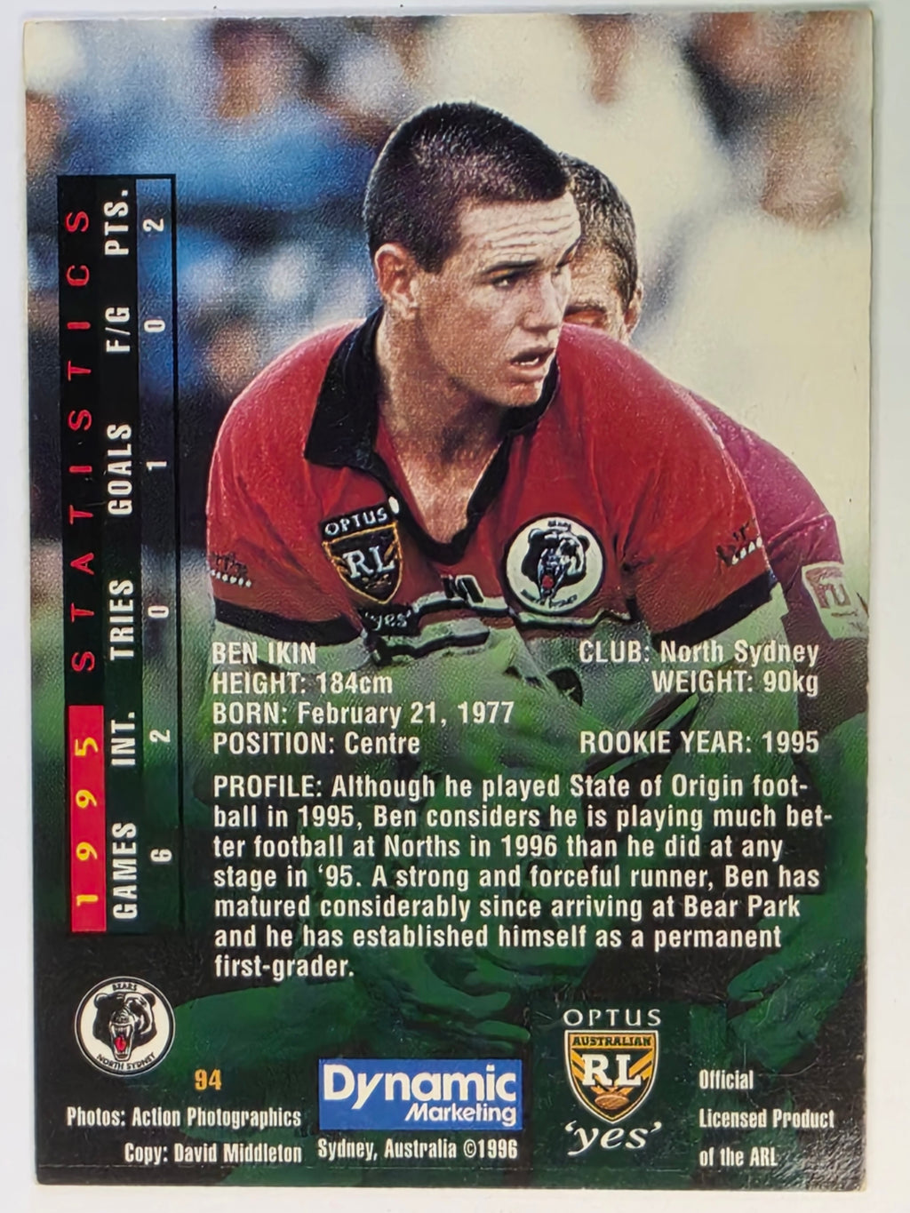 NRL 1996 Dynamic Series 2 Base Card #094 Ben Ikin North Sydney Bears