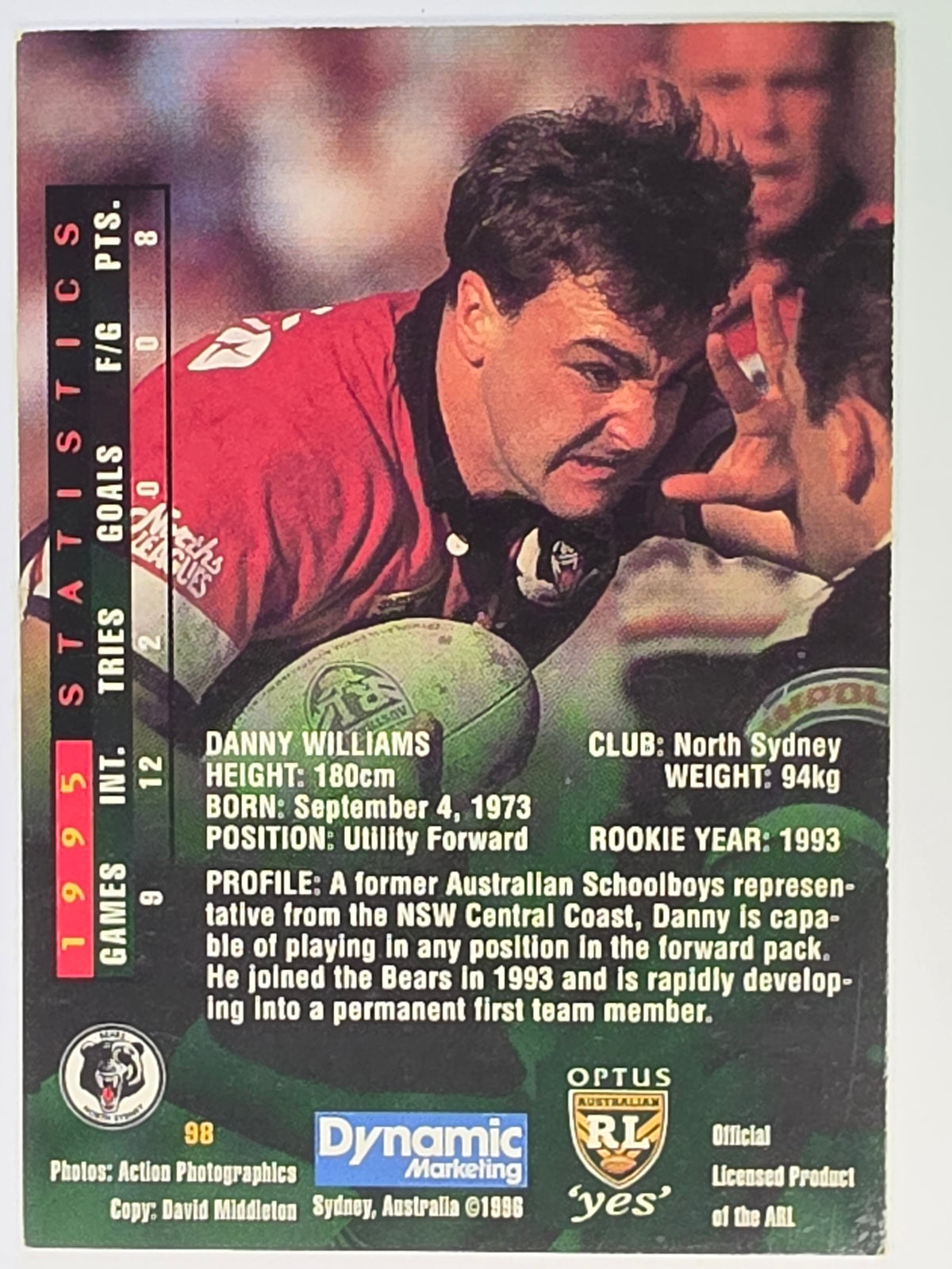 NRL 1996 Dynamic Series 2 Base Card #098 Danny Williams North Sydney Bears