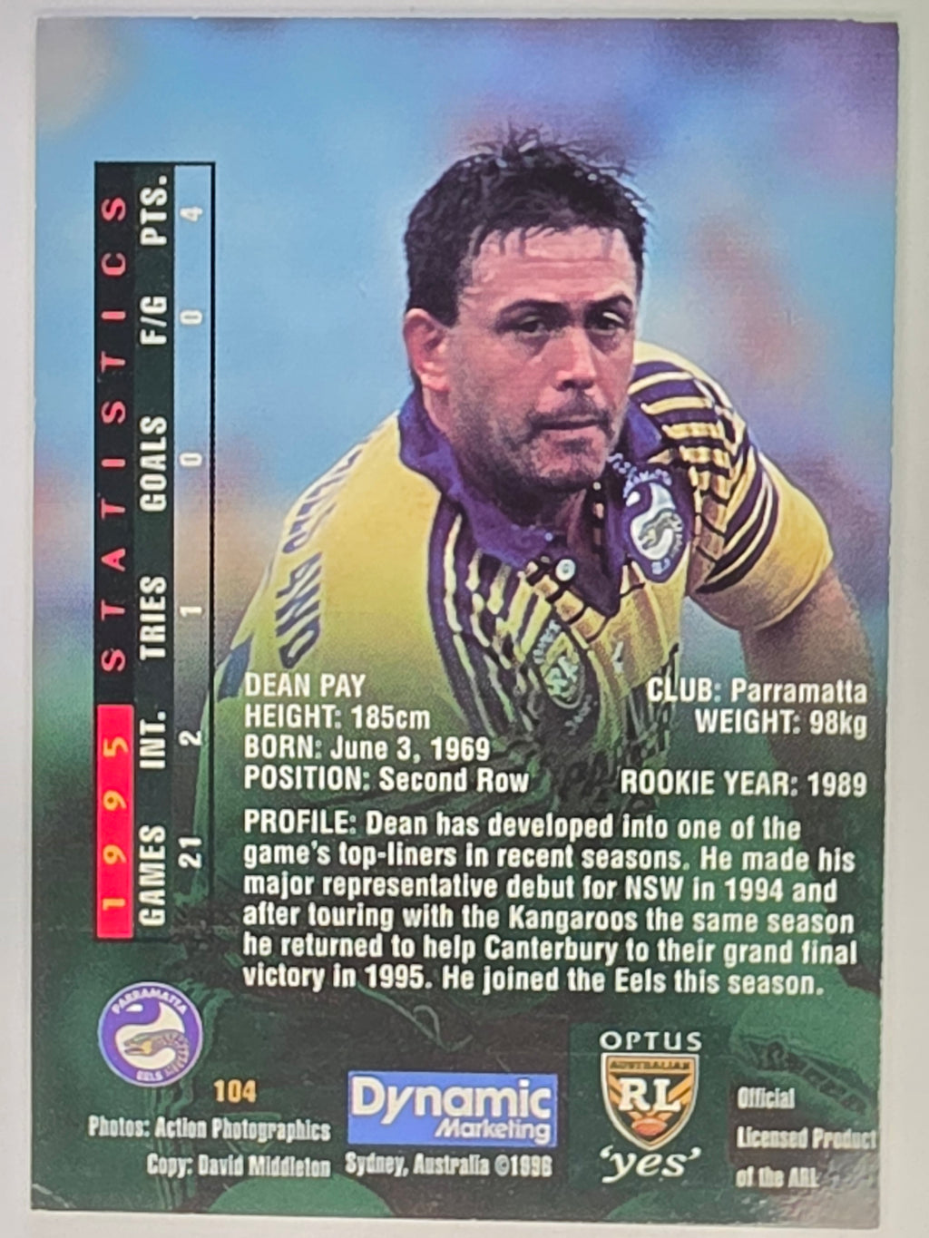 NRL 1996 Dynamic Series 2 Base Card #104 Dean Pay Parramatta Eels