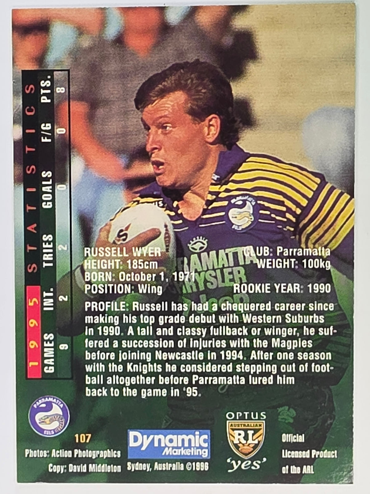 NRL 1996 Dynamic Series 2 Base Card #107 Russell Wyer Parramatta Eels