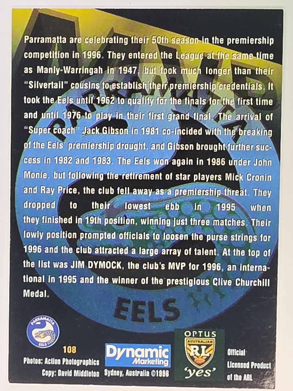 NRL 1996 Dynamic Series 2 Base Card #108 Jim Dymock Parramatta Eels