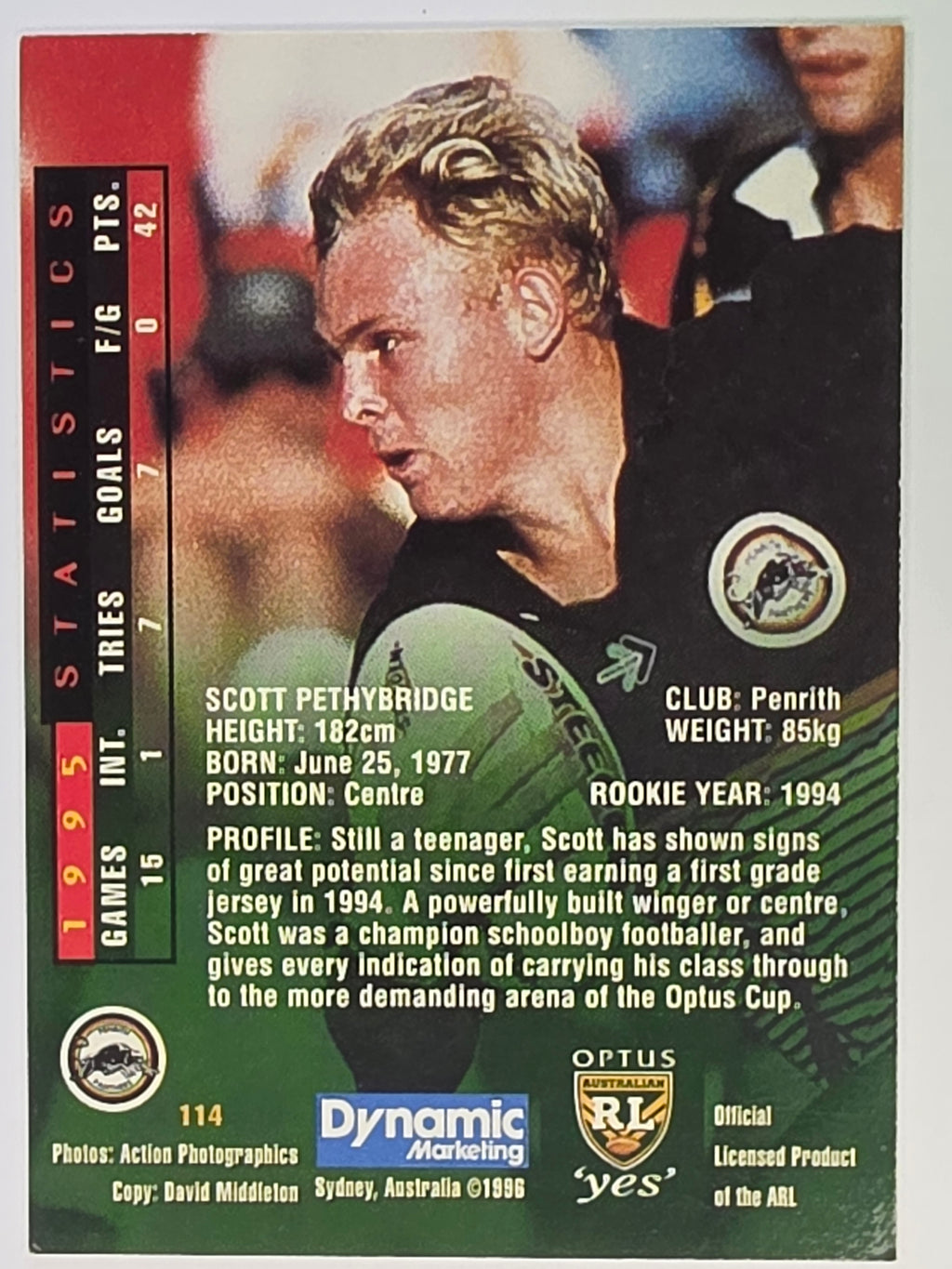 NRL 1996 Dynamic Series 2 Base Card #114 Scott Pethridge Penrith Panthers