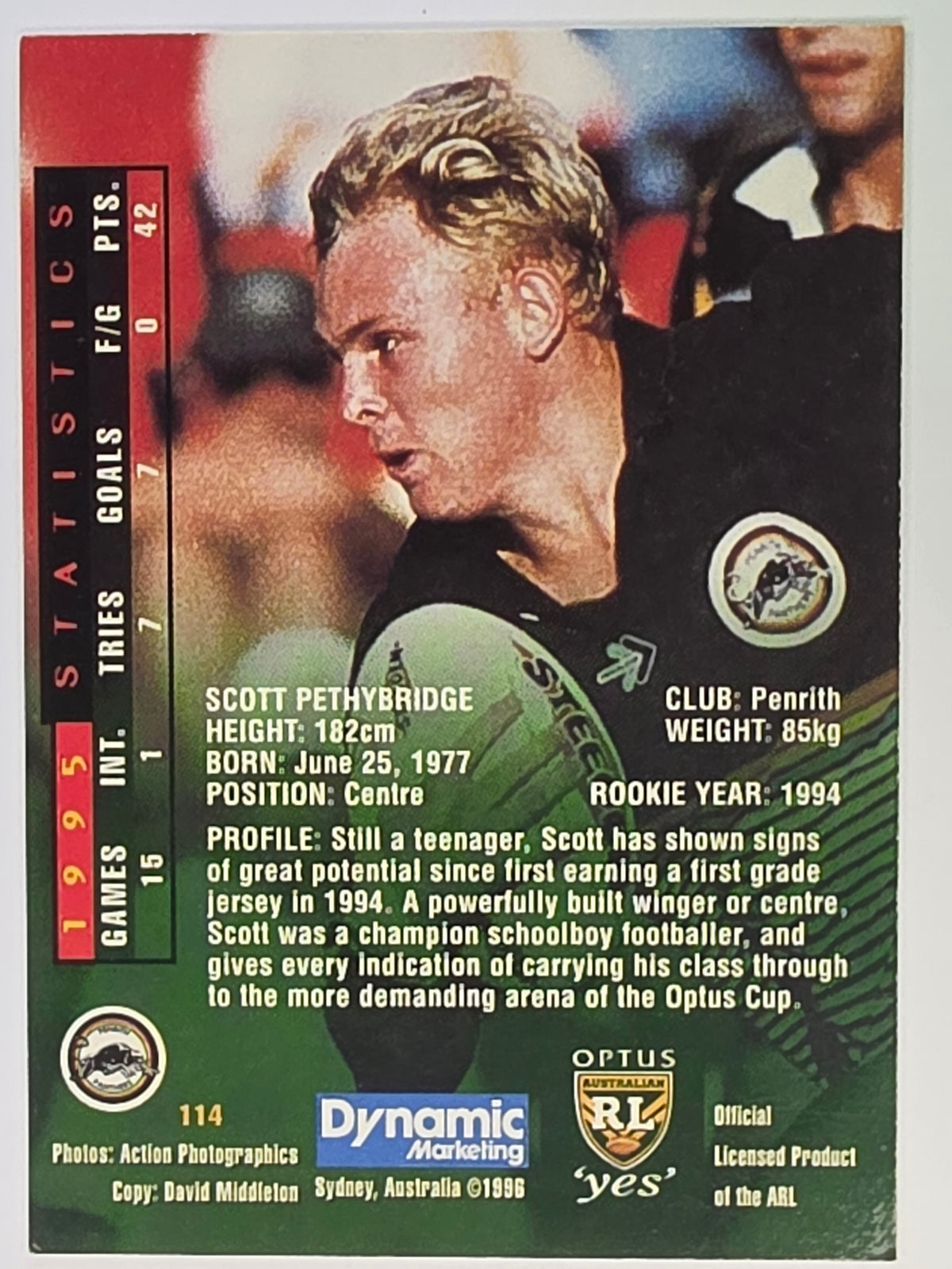 NRL 1996 Dynamic Series 2 Base Card #114 Scott Pethridge Penrith Panthers