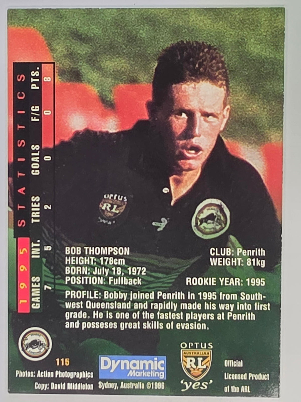 NRL 1996 Dynamic Series 2 Base Card #115 Bob Thompson Penrith Panthers