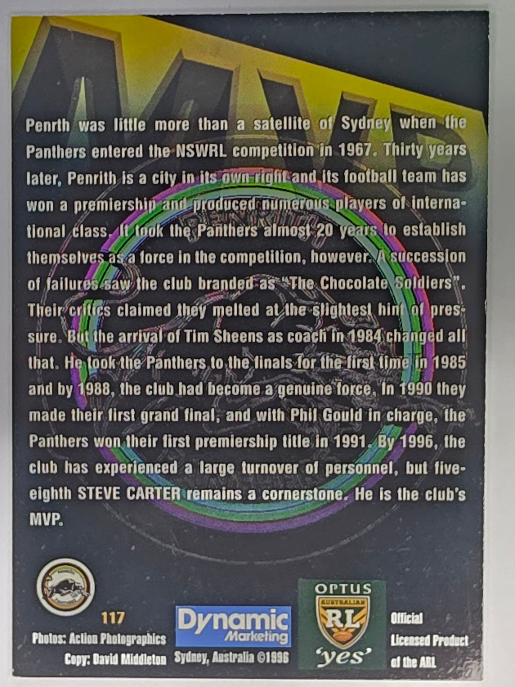 NRL 1996 Dynamic Series 2 Base Card #117 Steve Carter Penrith Panthers
