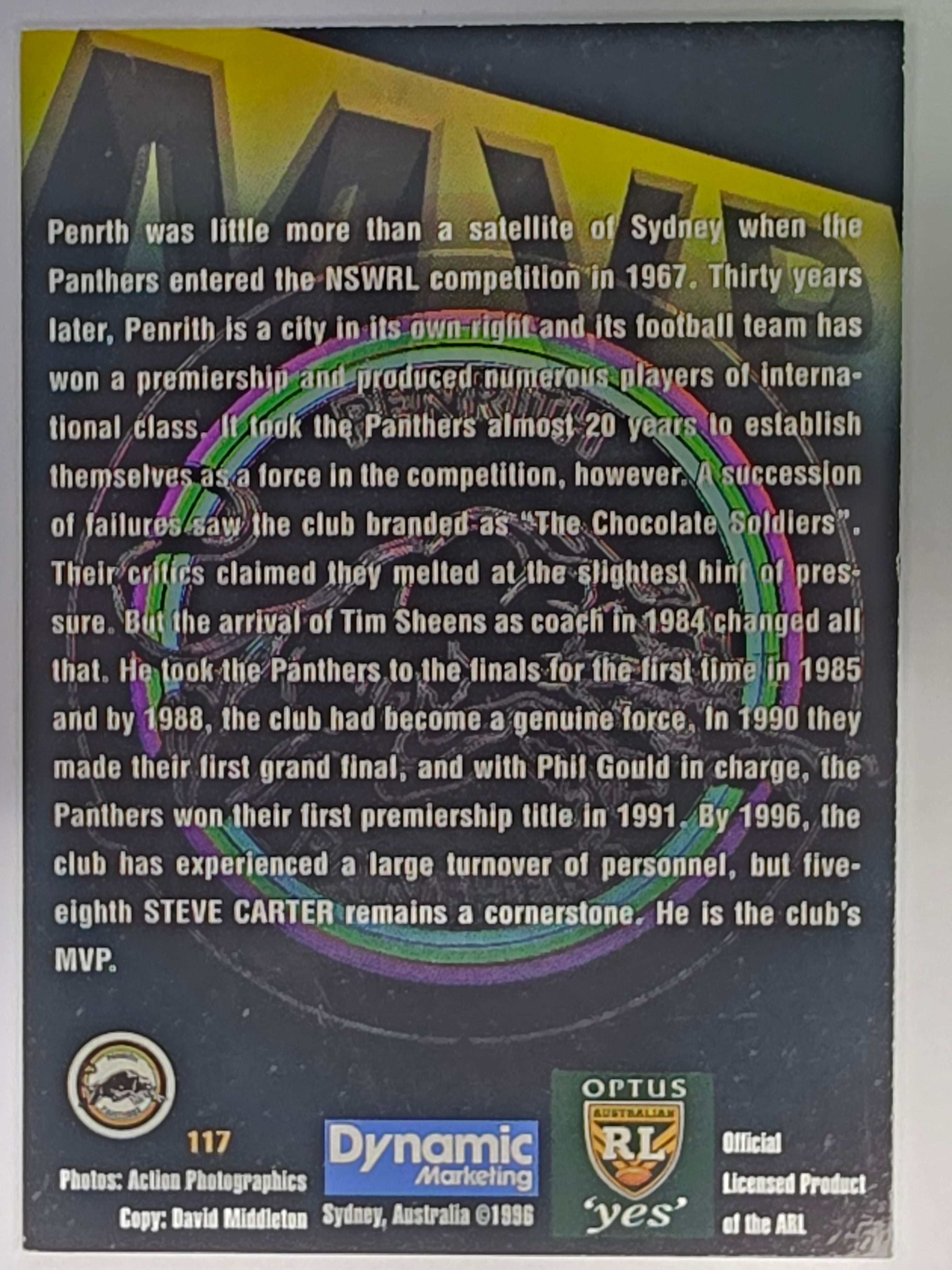 NRL 1996 Dynamic Series 2 Base Card #117 Steve Carter Penrith Panthers