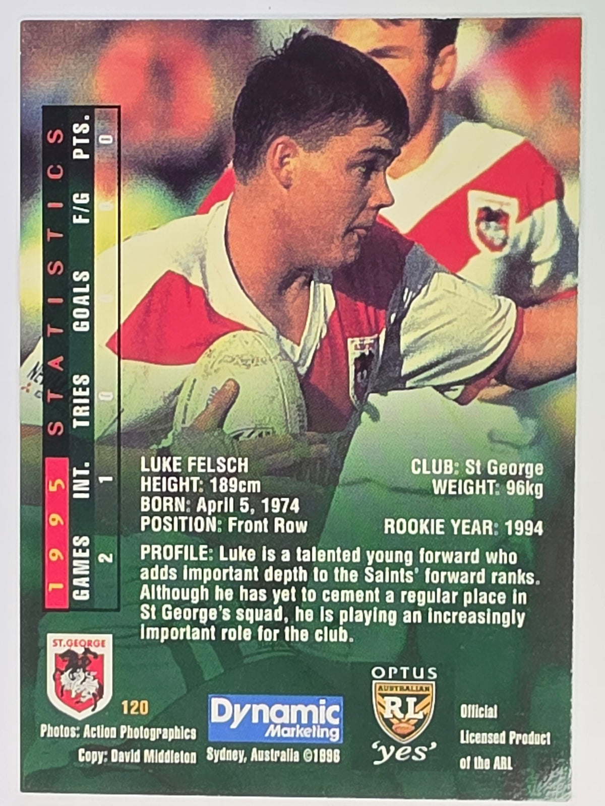 NRL 1996 Dynamic Series 2 Base Card #120 Luke Felsch St George Dragons