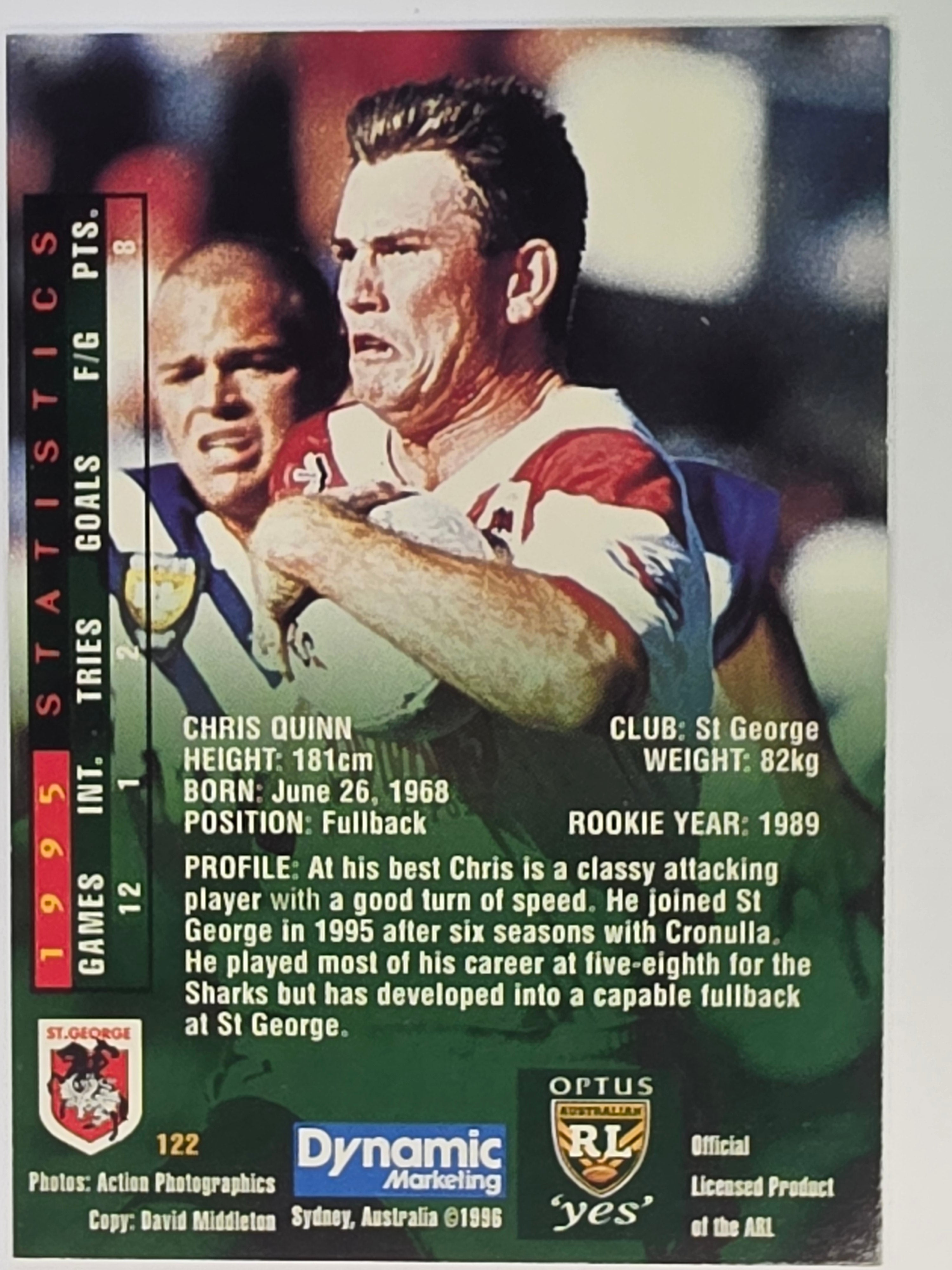 NRL 1996 Dynamic Series 2 Base Card #122 Chris Quinn St George Dragons