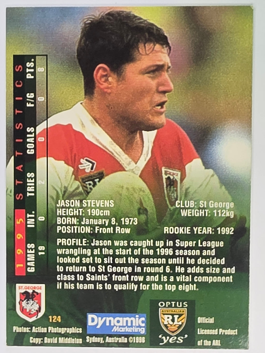 NRL 1996 Dynamic Series 2 Base Card #124 Jason Stevens St George Dragons