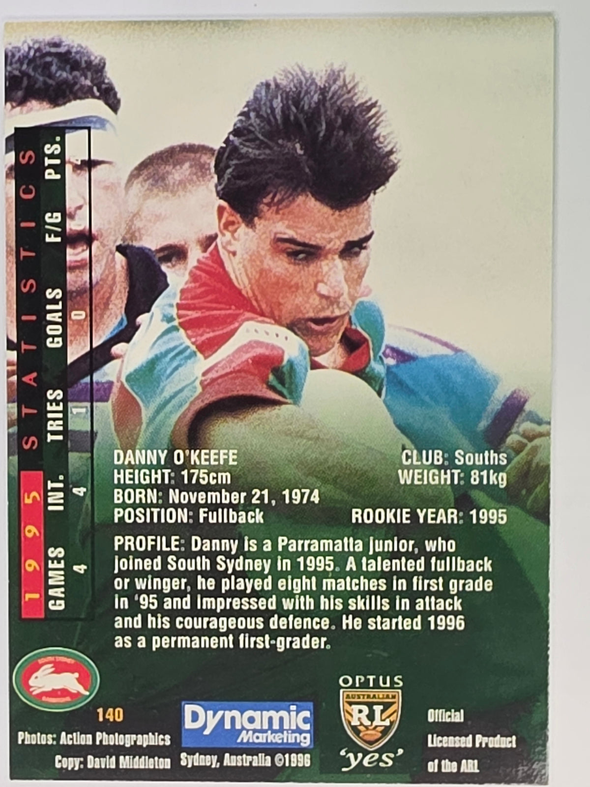 NRL 1996 Dynamic Series 2 Base Card #140 Danny O’Keefe South Sydney Rabbitohs