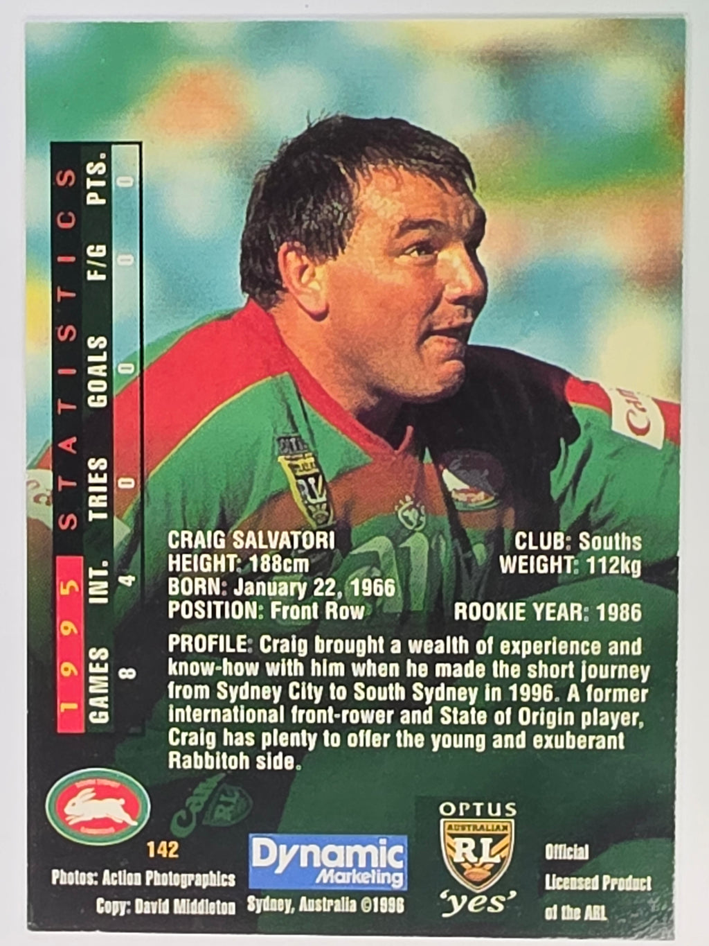NRL 1996 Dynamic Series 2 Base Card #142 Craig Salvatori South Sydney Rabbitohs