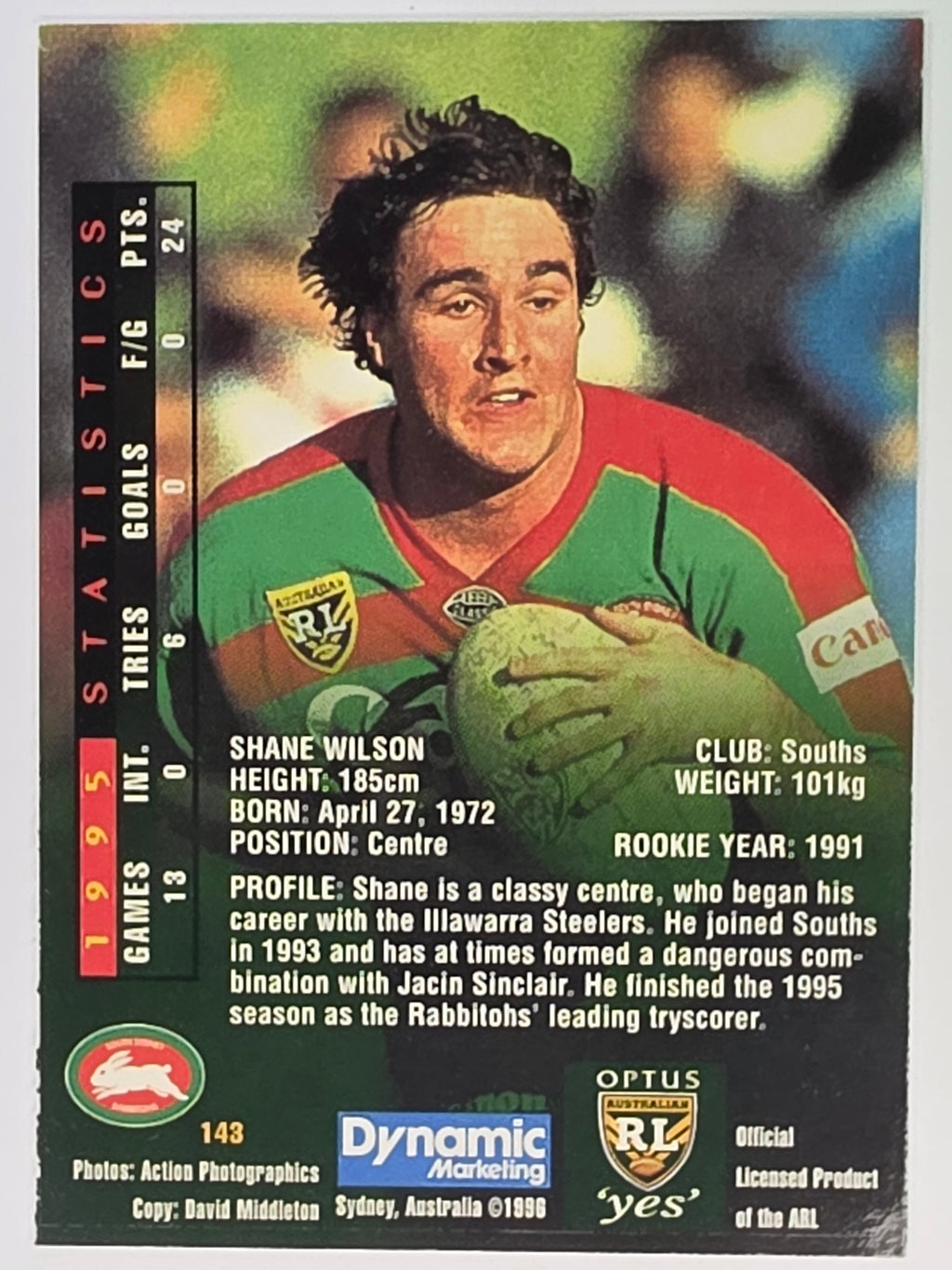 NRL 1996 Dynamic Series 2 Base Card #143 Shane Wilson South Sydney Rabbitohs