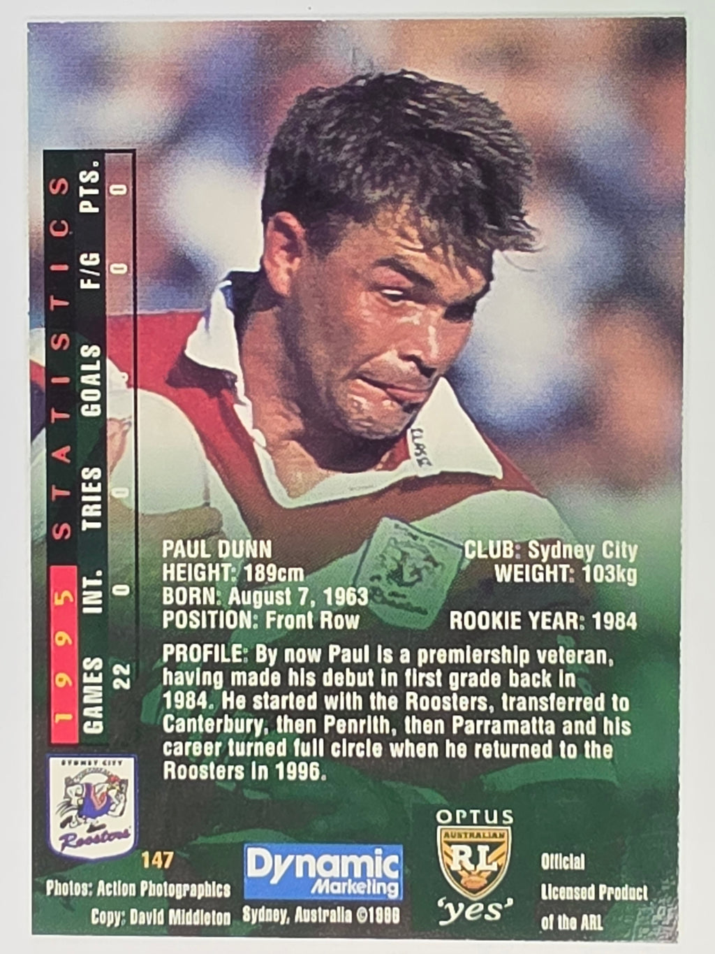 NRL 1996 Dynamic Series 2 Base Card #147 Paul Dunn Sydney City Roosters