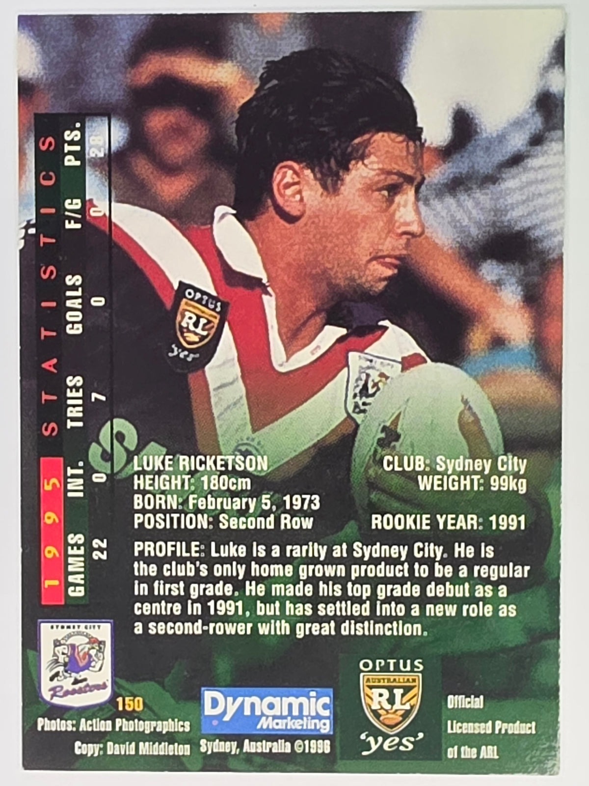 NRL 1996 Dynamic Series 2 Base Card #150 Luke Ricketson Sydney City Roosters