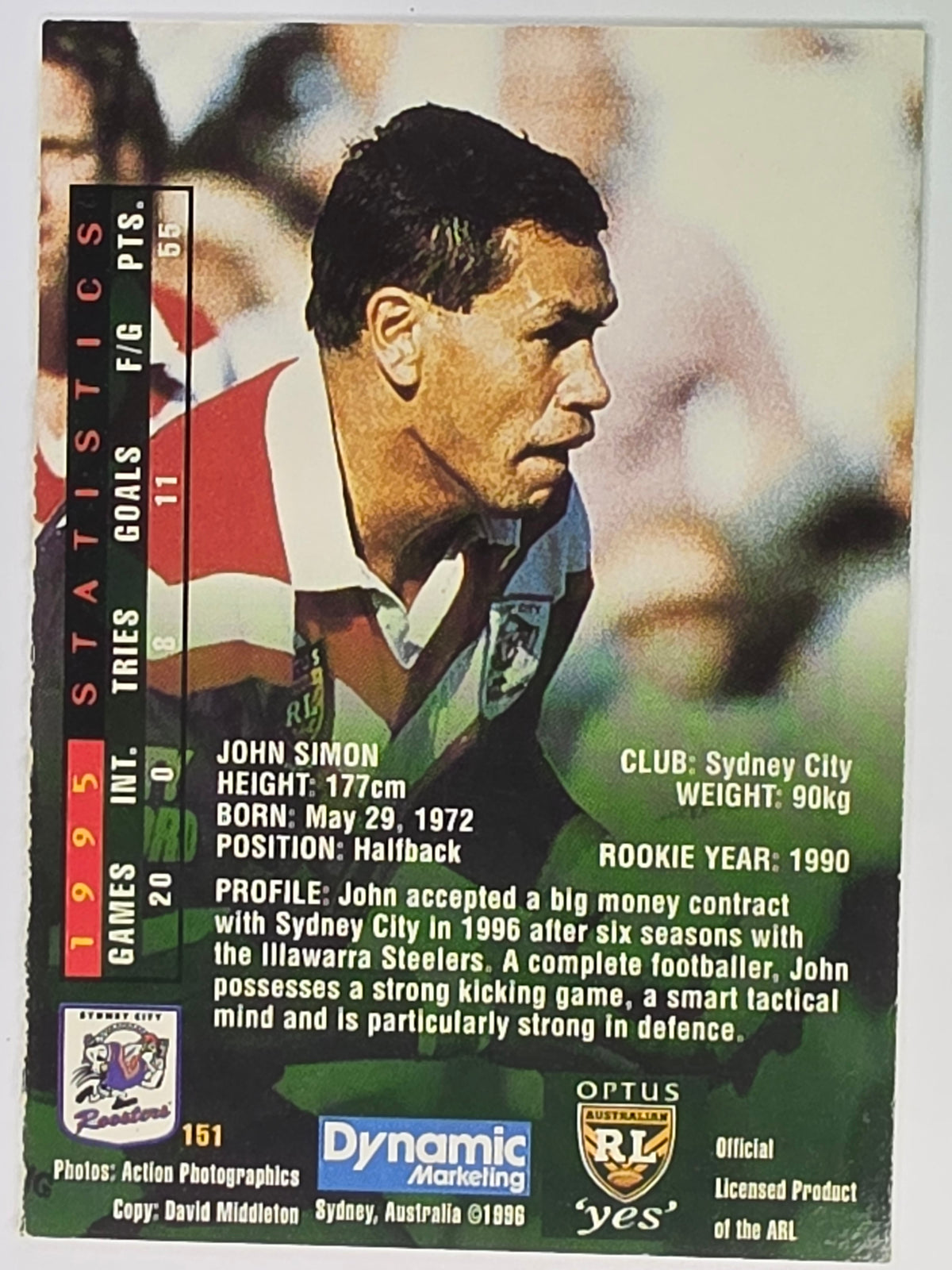 NRL 1996 Dynamic Series 2 Base Card #151 John Simon Sydney City Roosters