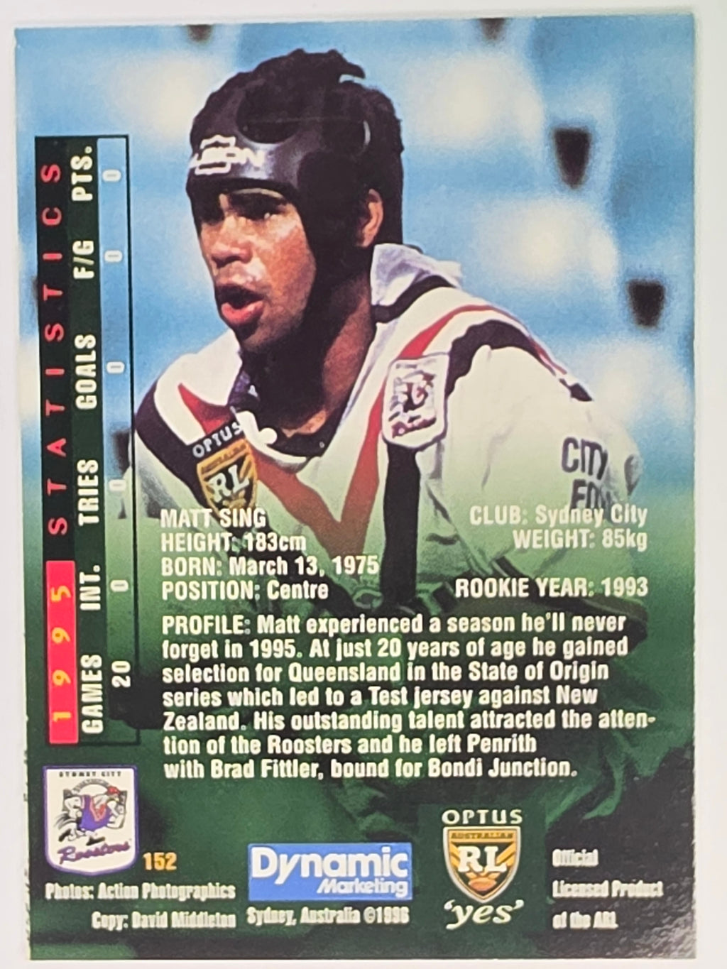 NRL 1996 Dynamic Series 2 Base Card #152 Matt Sing Sydney City Roosters