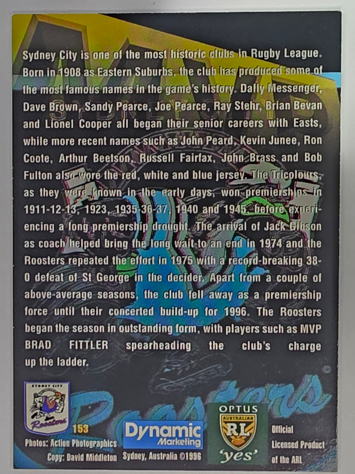 NRL 1996 Dynamic Series 2 Base Card #153 Brad Fittler Sydney City Roosters
