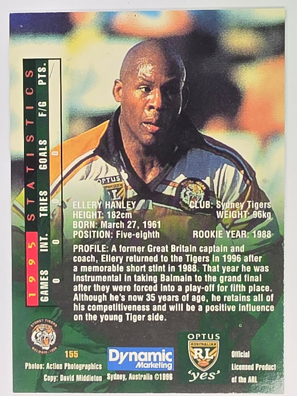 NRL 1996 Dynamic Series 2 Base Card #155 Ellery Hanley Sydney Tigers