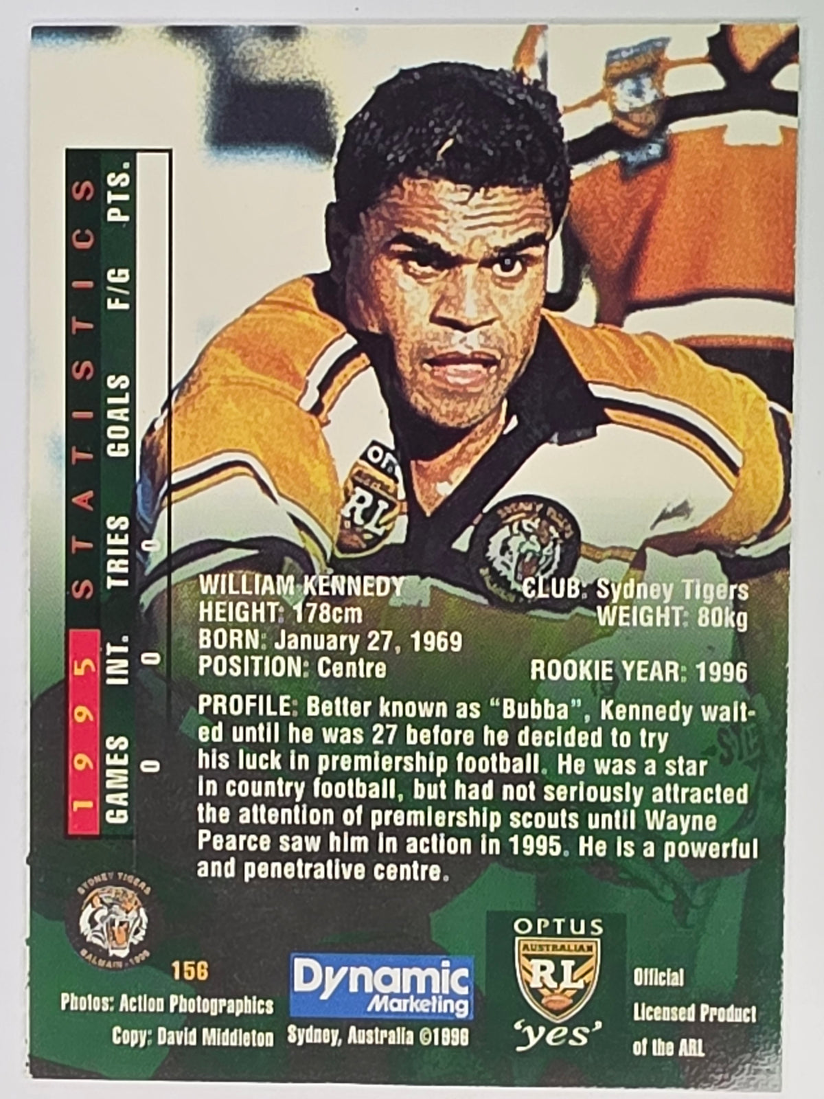 NRL 1996 Dynamic Series 2 Base Card #156 William Kennedy Sydney Tigers