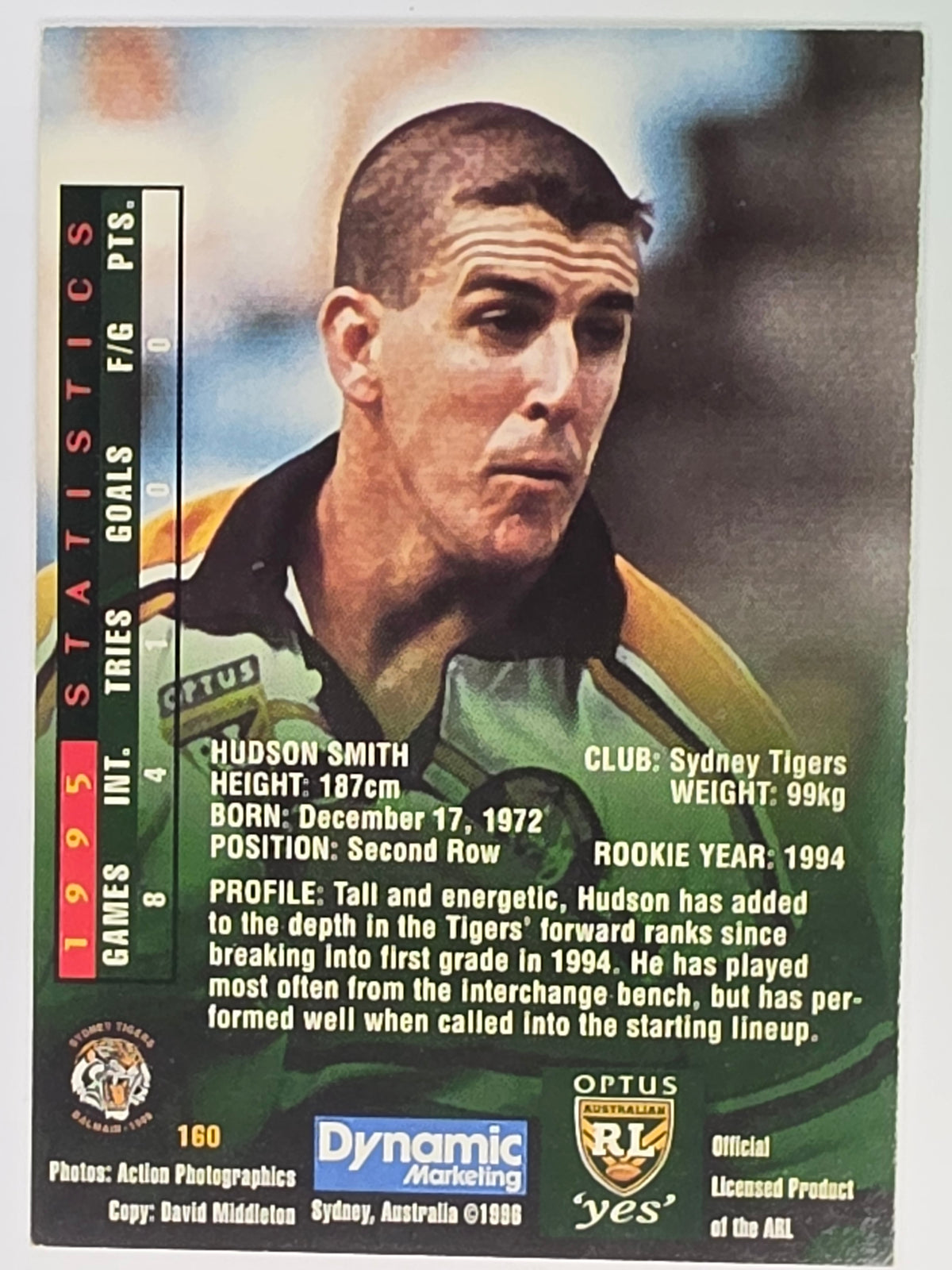 NRL 1996 Dynamic Series 2 Base Card #160 Hudson Smith Sydney Tigers