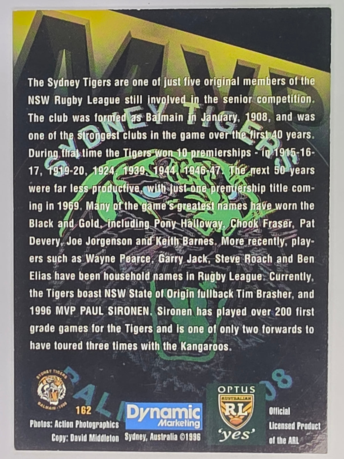 NRL 1996 Dynamic Series 2 Base Card #162 Paul Sironen Sydney Tigers