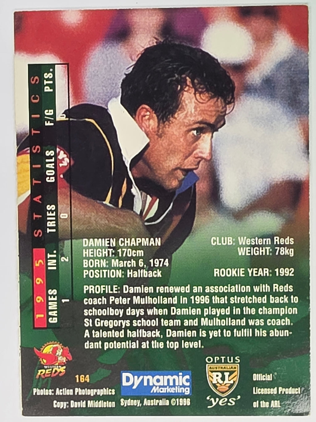 NRL 1996 Dynamic Series 2 Base Card #164 Damien Chapman Western Reds