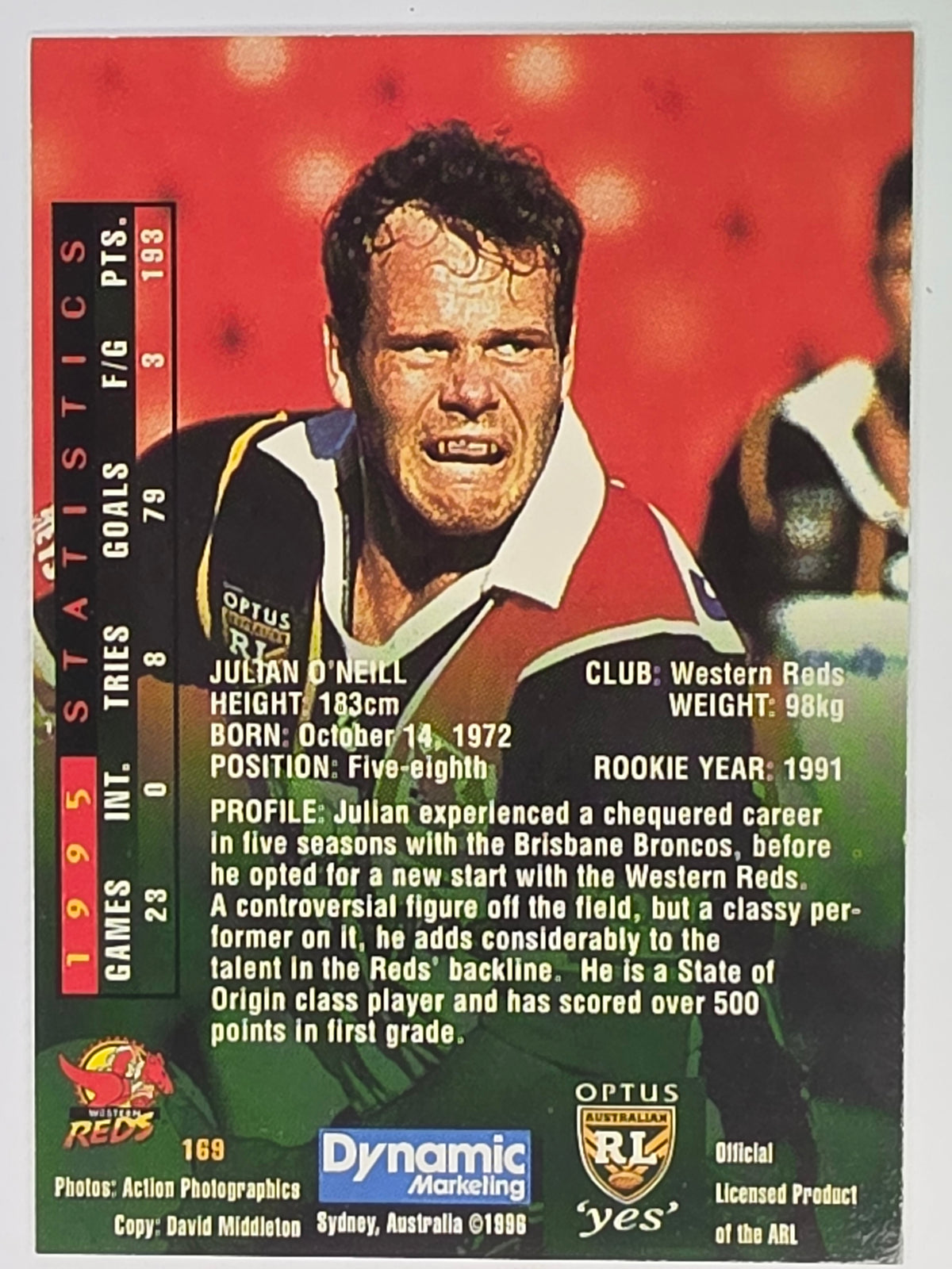 NRL 1996 Dynamic Series 2 Base Card #169 Julian O’Neill Western Reds