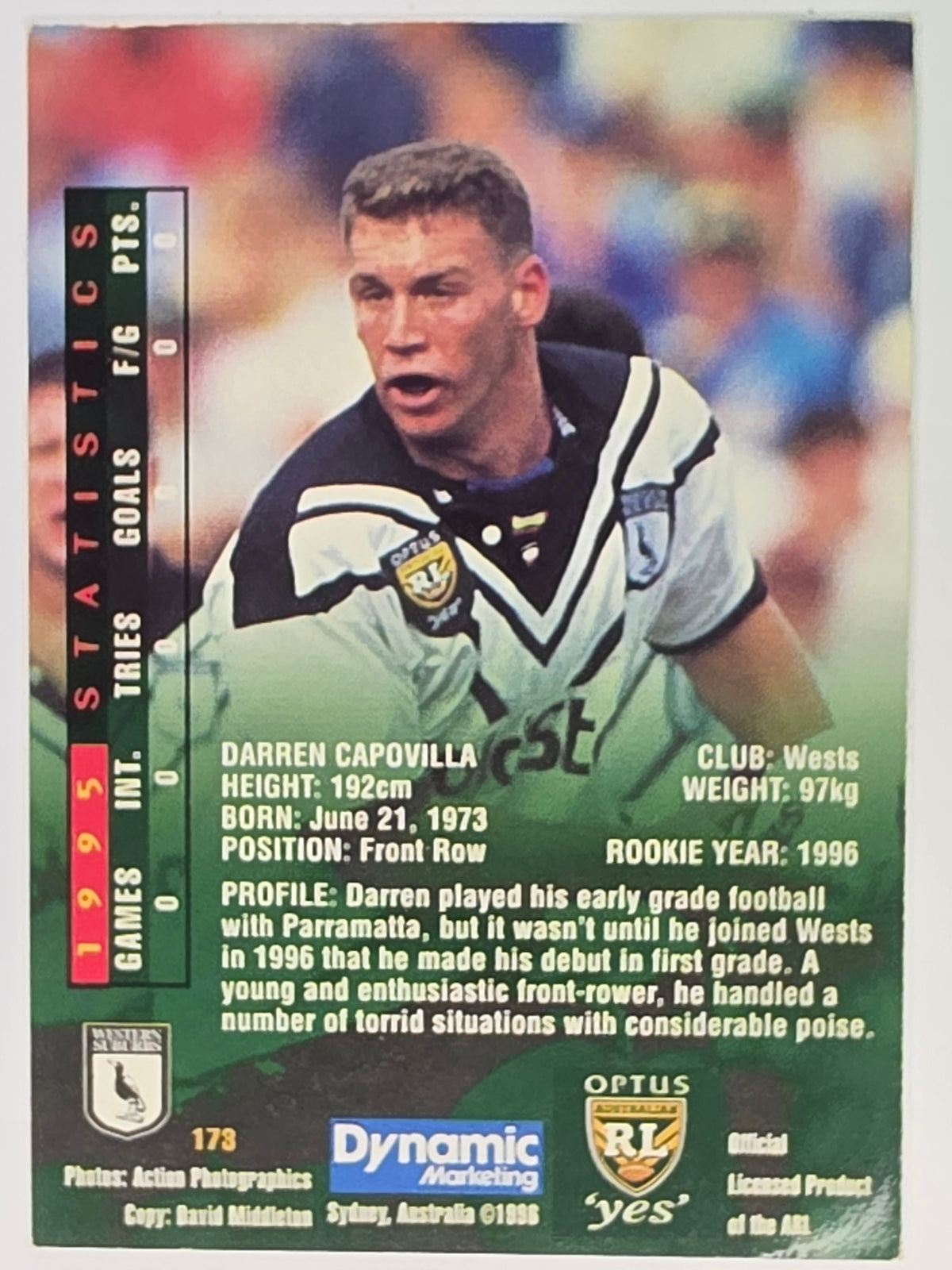 NRL 1996 Dynamic Series 2 Base Card #173 Darren Capovilla Western Suburbs Magpies